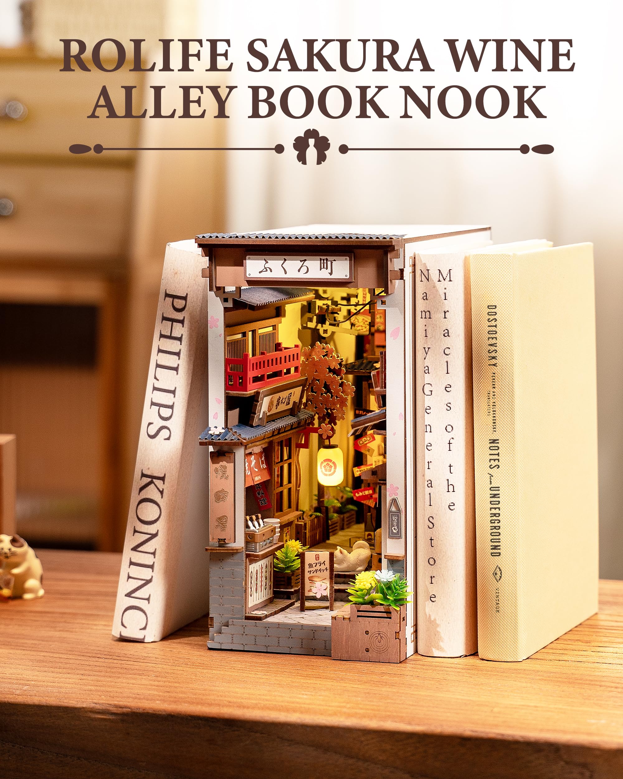Rolife Book Nook Kit Casas Miniaturas para Montar Sakura Wine Alley Puzzle Madera 3D Adultos con Luces Decoracion Hogar Libro Maquetas para Construir Adultos Regalo para Profesora Madre Niños