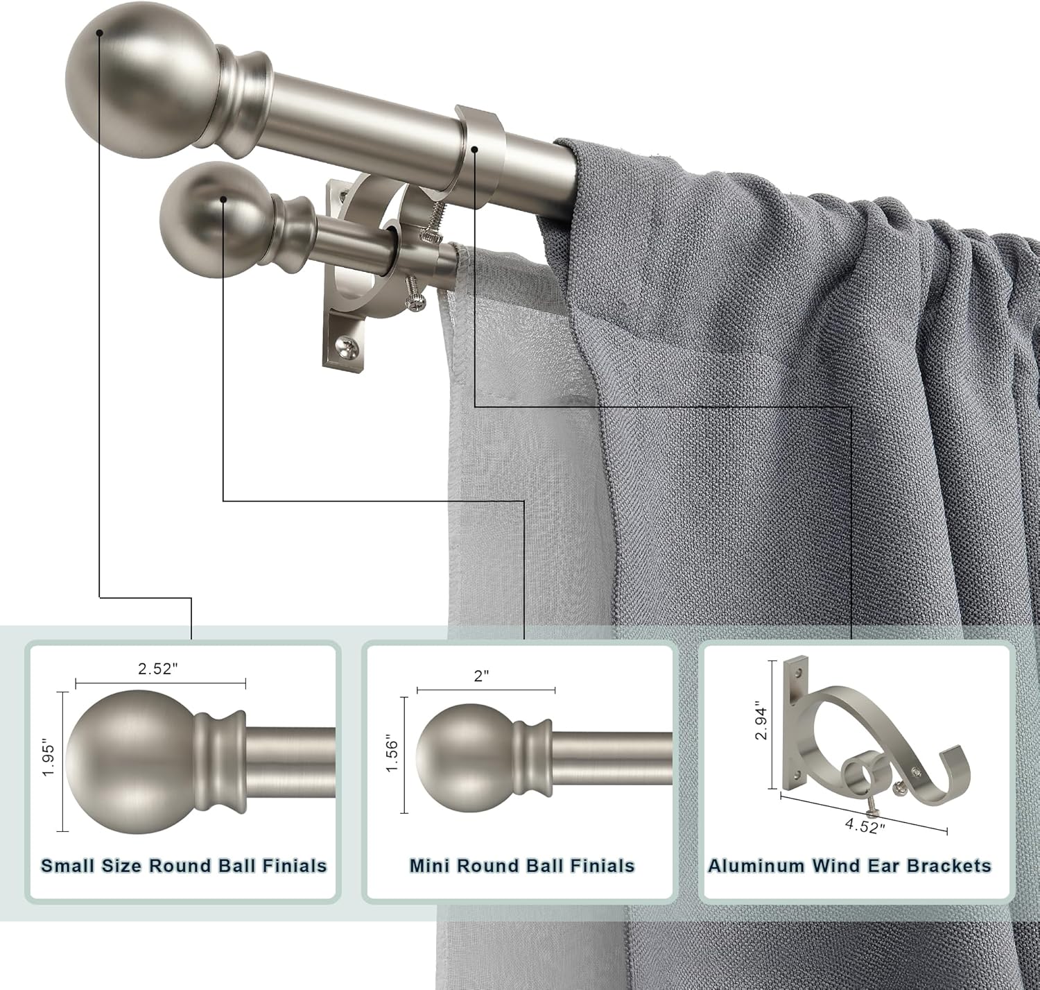 Brushed Nickel Double Curtain Rods 36-72 Inch,1’’Front and 5/8’’Back Double Drapery Rod with Small Round Ball and Aluminum Brackets, Adjustable Dual Window Rod for Sheer/Blackout Curtains 36-72" Brushed Nickel