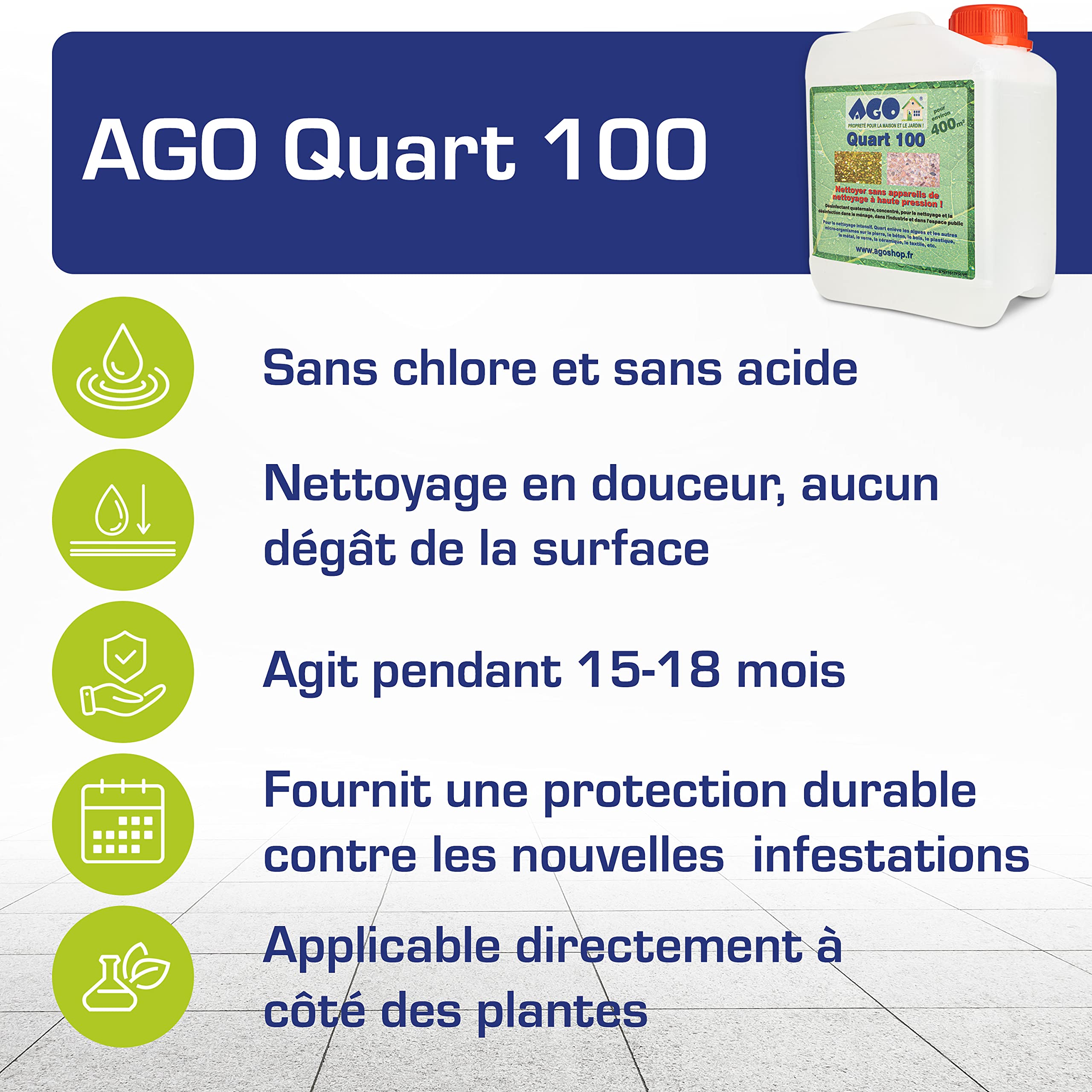 AGO-Quart 100 - Concentré Anti-dépôts verts, anti-algues vertes, rouges et noires, anti-lichens, 2 Litres