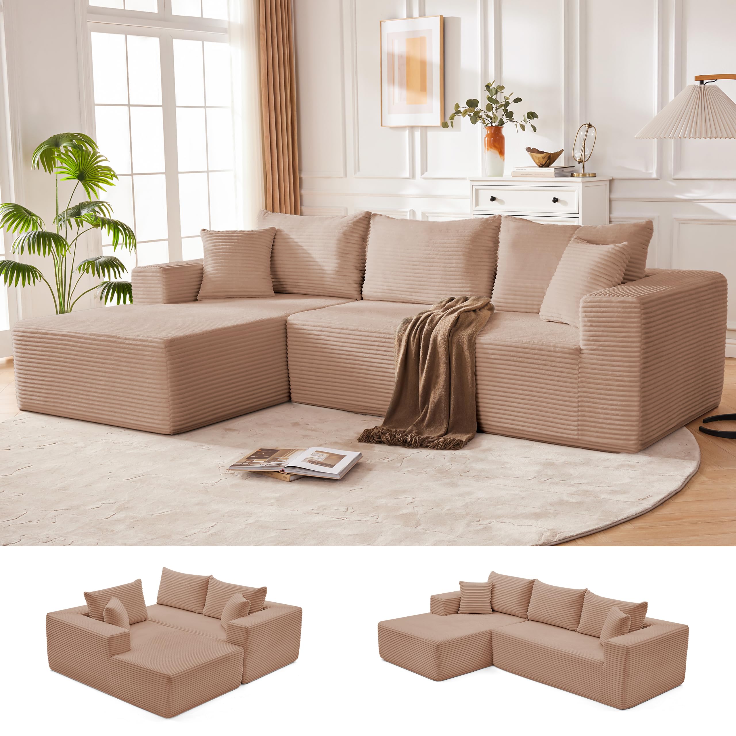 Mangodan 110” Boneless Couch, Cloud Sectional Sofa for Living Room, Camel