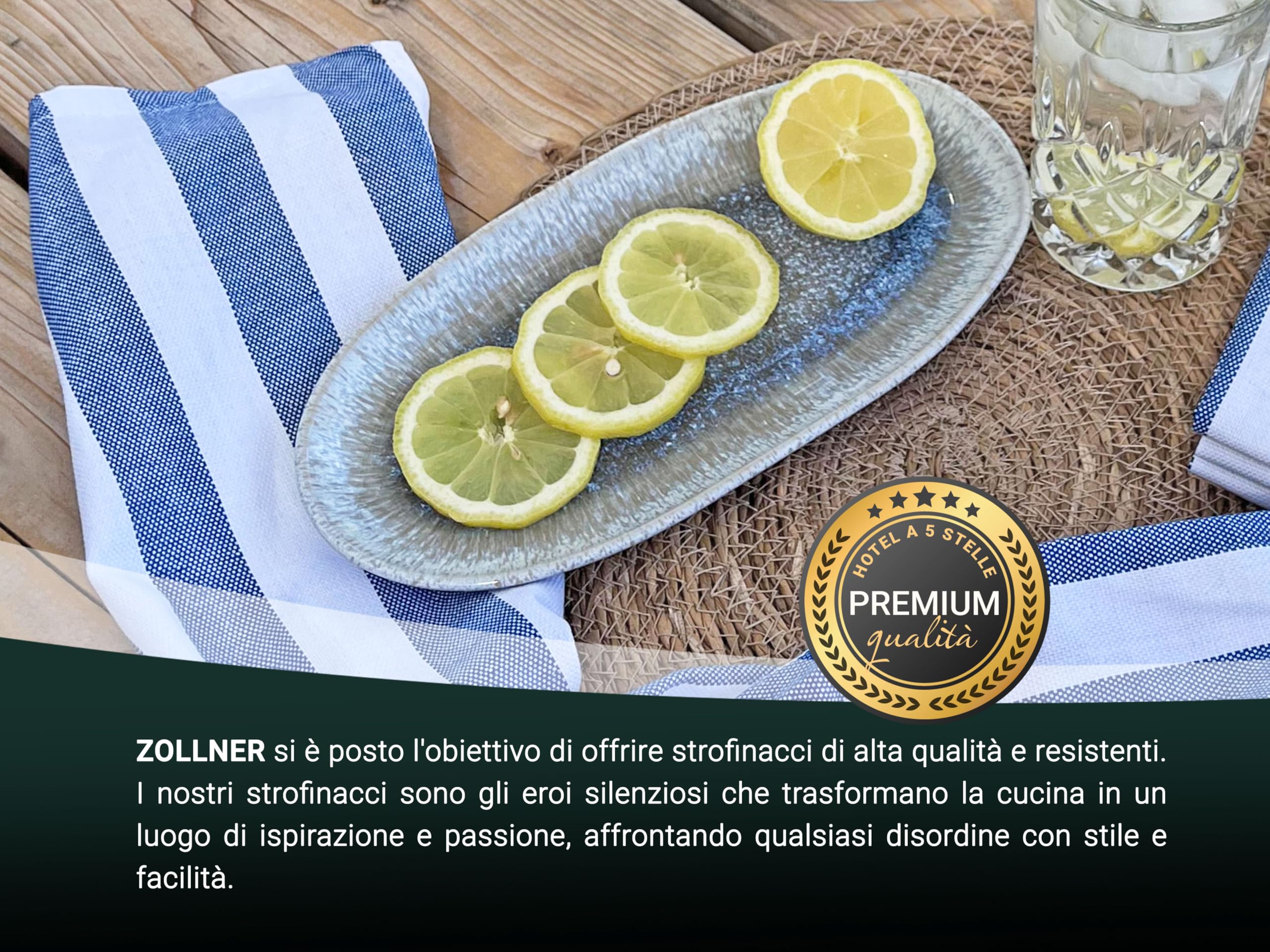 ZOLLNER 5 Strofinacci da cucina 50x70 cm in cotone - canovacci assorbenti e moderni - a righe blu e bianche – lavabili a 60°C – qualità gastronomica – certificato Oeko Tex ®