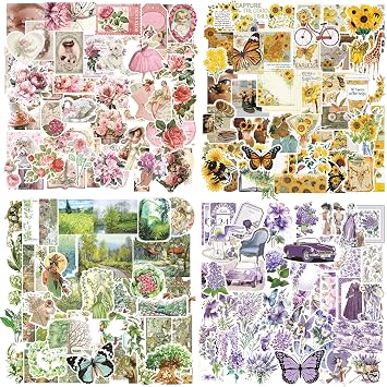 400 Pcs Scrapbook Stickers, Vintage Aesthetic Stickers for Scrapbooking | 4 Color Themed Assorted Scrapbooking Supplies Set,Flowers Sticker, junk journal supplies , journaling supplies, DIY Crafts