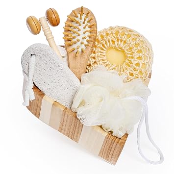 6-PC Skincare Set, Spa Gift Basket & Bath Accessories, Spa Day Essentials | Wooden Massage Tools, Hair Brush, Pumice Stone & Loofah Puff, Self-Care Gifts For Women Birthday, Anniversary, MotherS Day