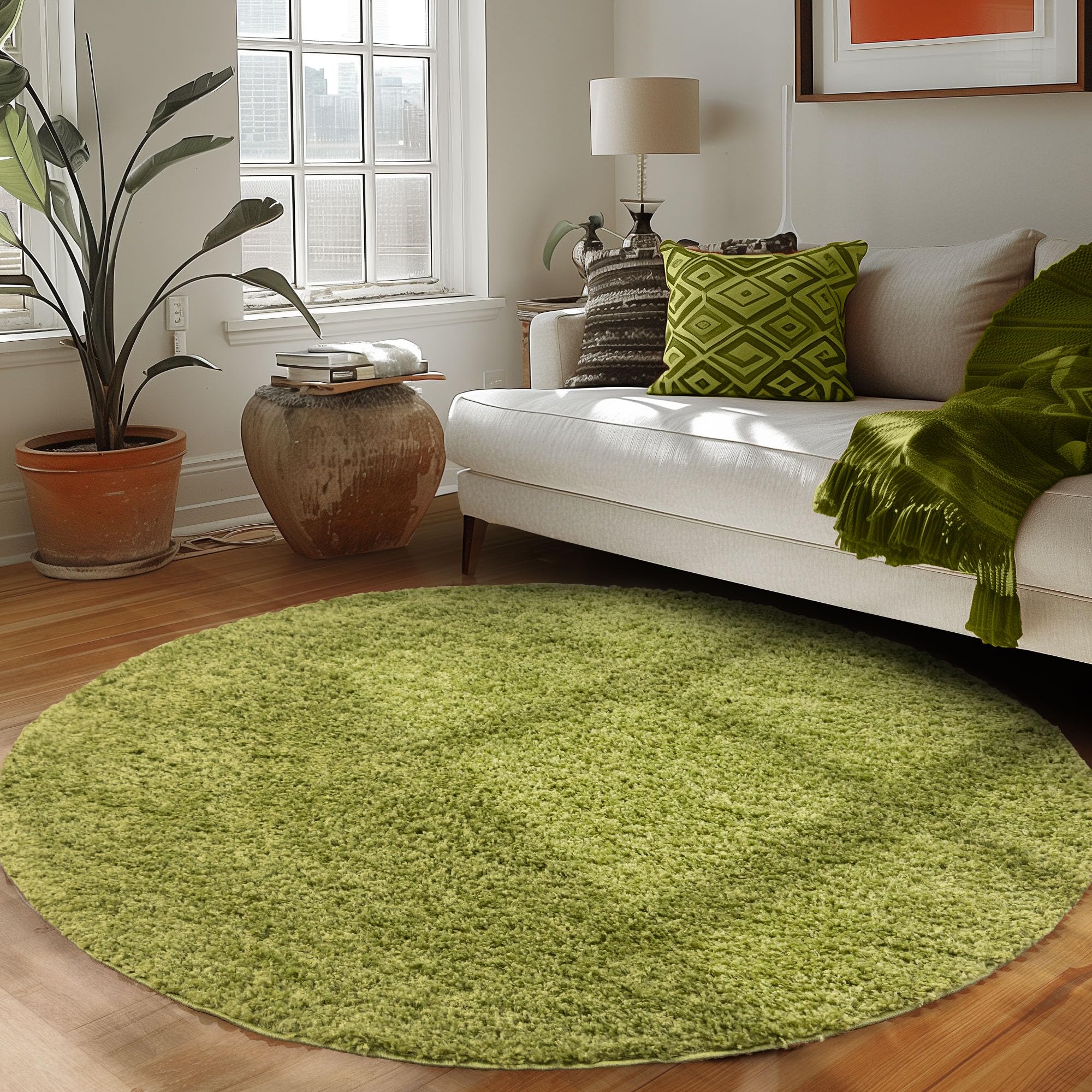 Tapis poil long shaggy vert 80cm rond Carpettex au design unicolore unique
