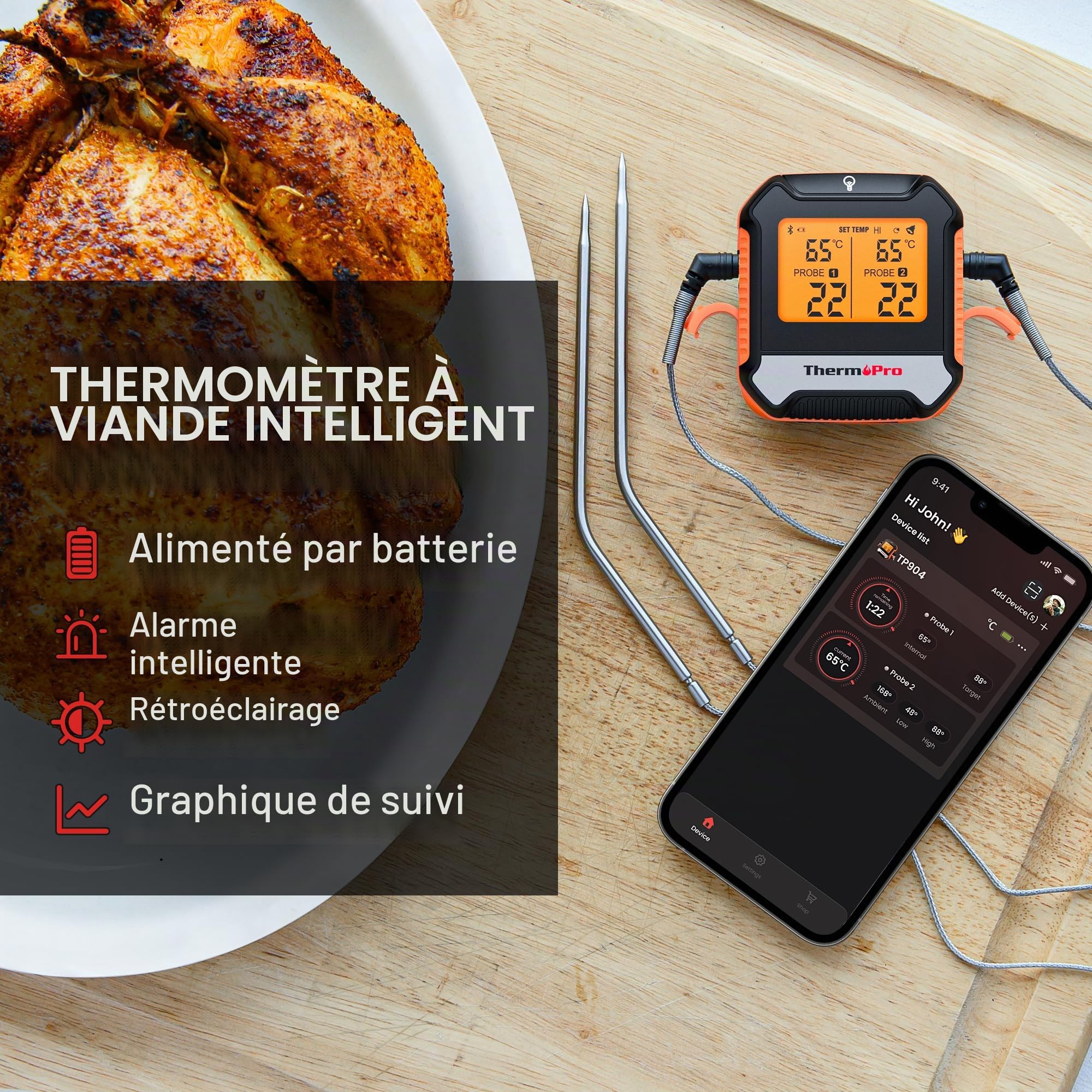 ThermoPro TempPro TP904 Thermomètre à viande numérique sans fil Bluetooth 135 m avec double sonde
