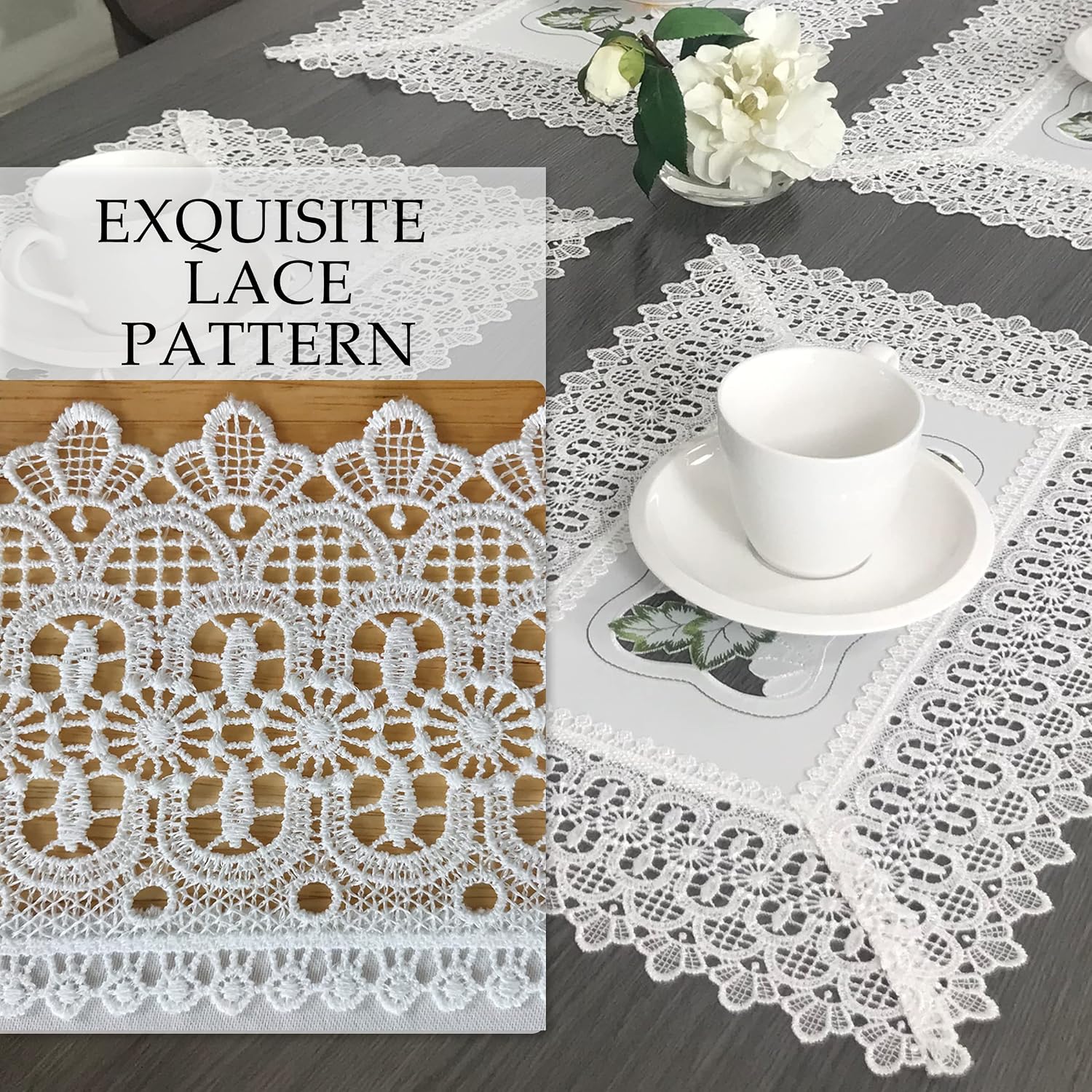 Embroideried Table Cloth Cover Decor Lace Dustproof Wrinkle Free Washable Spring Floral Rectangle Kitchen Dining Holiday Birthday Wedding Farmhouse Party (H19179-1-white, 12 * 18 Inch-6pcs)