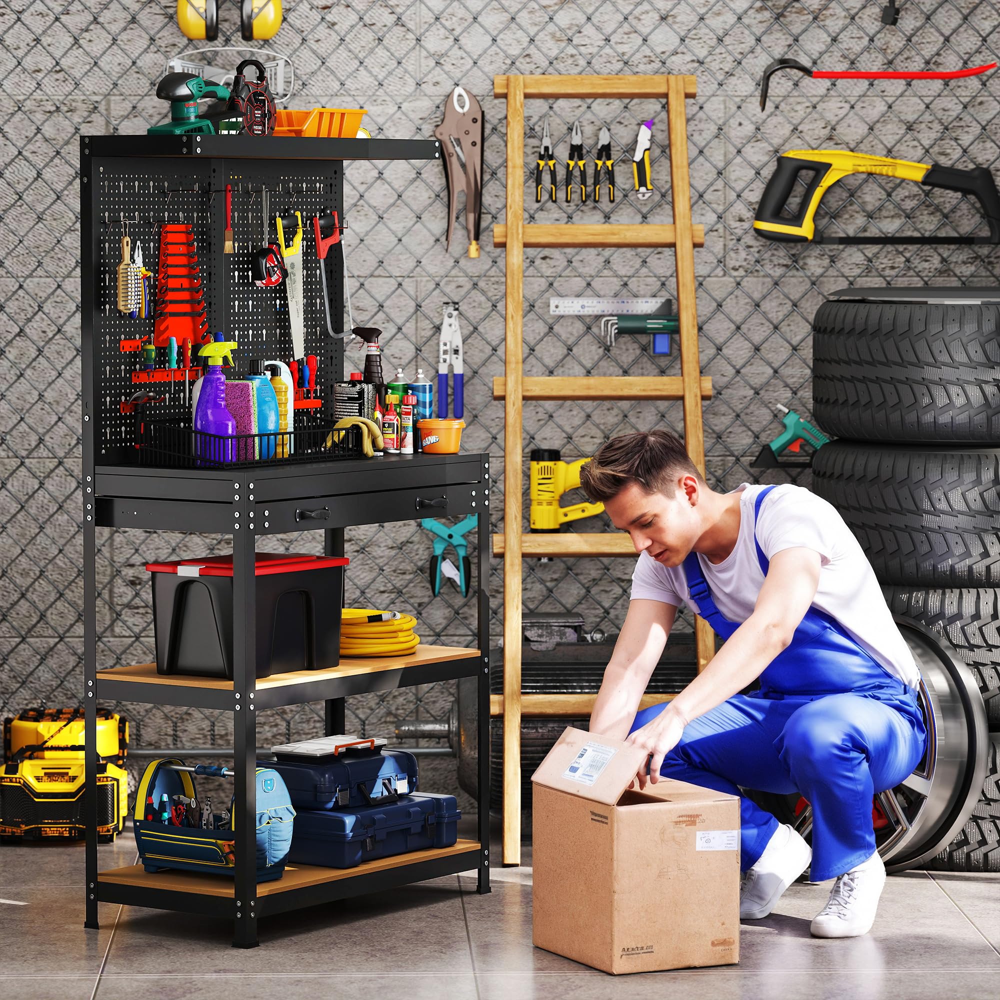 HOMCOM Werkbank 80 x 40,5 x 155 cm mit Lochwand, Haken Schublade Schwarz | Werkzeugbank, 2 Ablagen, Arbeitstisch, 240 kg Tragkraft, Werktisch aus Metall, für Werkstatt