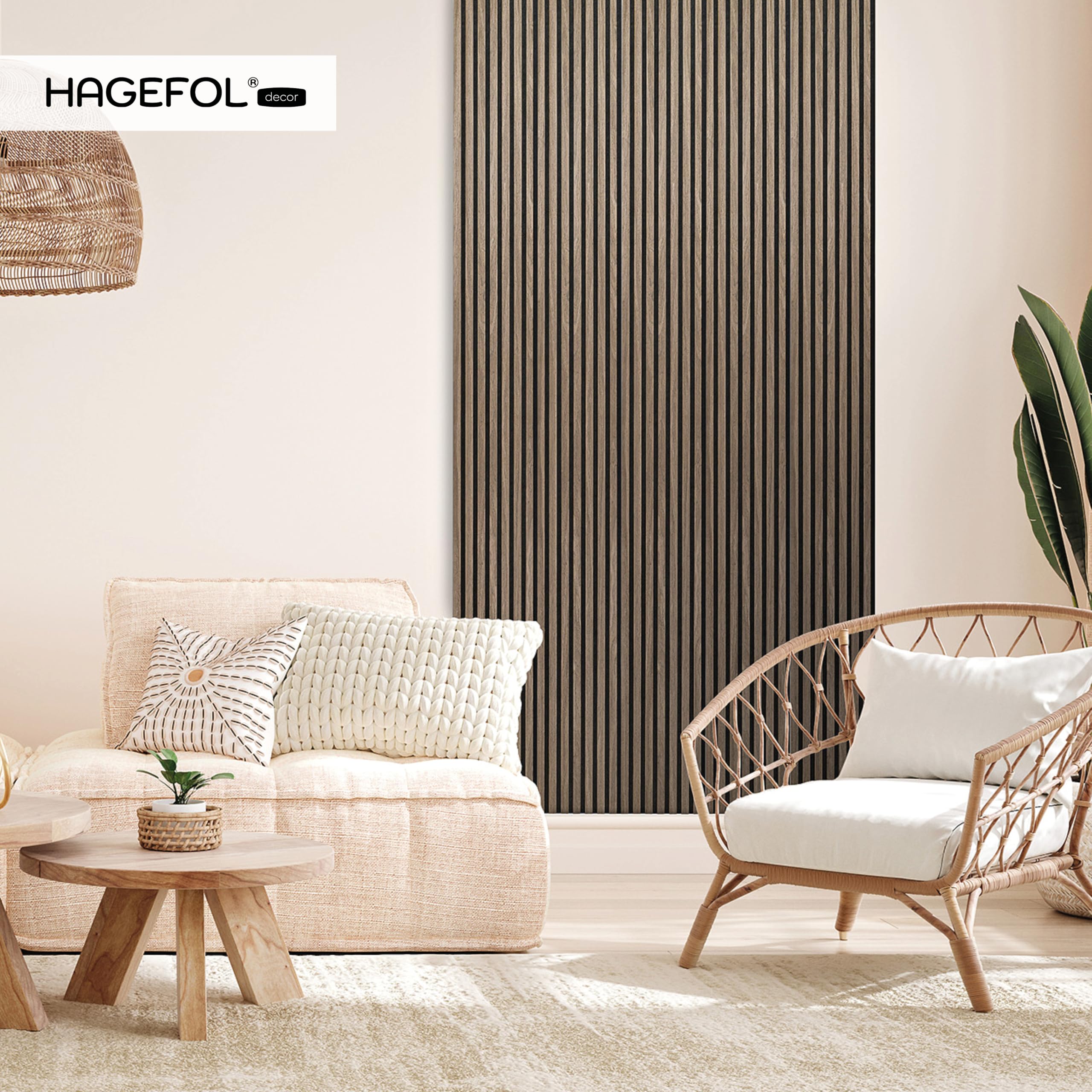 HAGEFOL® Akustikpaneele selbstklebend 240x56 cm, Farbe: Walnuss, Wandpaneele Holz Optik Wanddeko, 3D Lamellenwand Schallschutzplatte aus Holzfurnier auf Akustik Filz (2 Stück, 240x28cm im Paket)