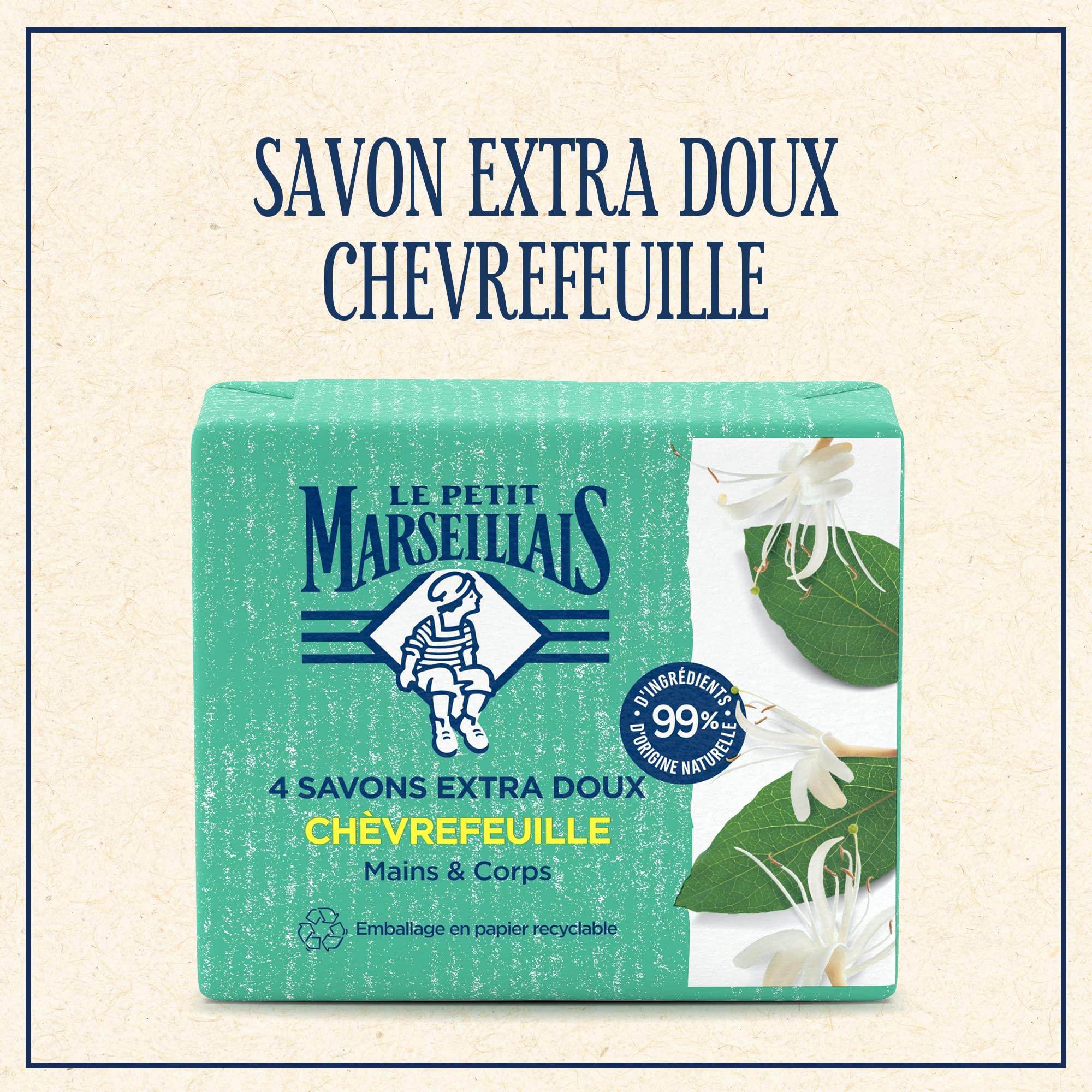 Le Petit Marseillais | Wyjątkowo miękkie mydło wiciokrzew (4 bochenki po 100 g) - Solidne mydło do rąk i ciała z 99% naturalnych składników - opakowanie papierowe nadające się do recyklingu