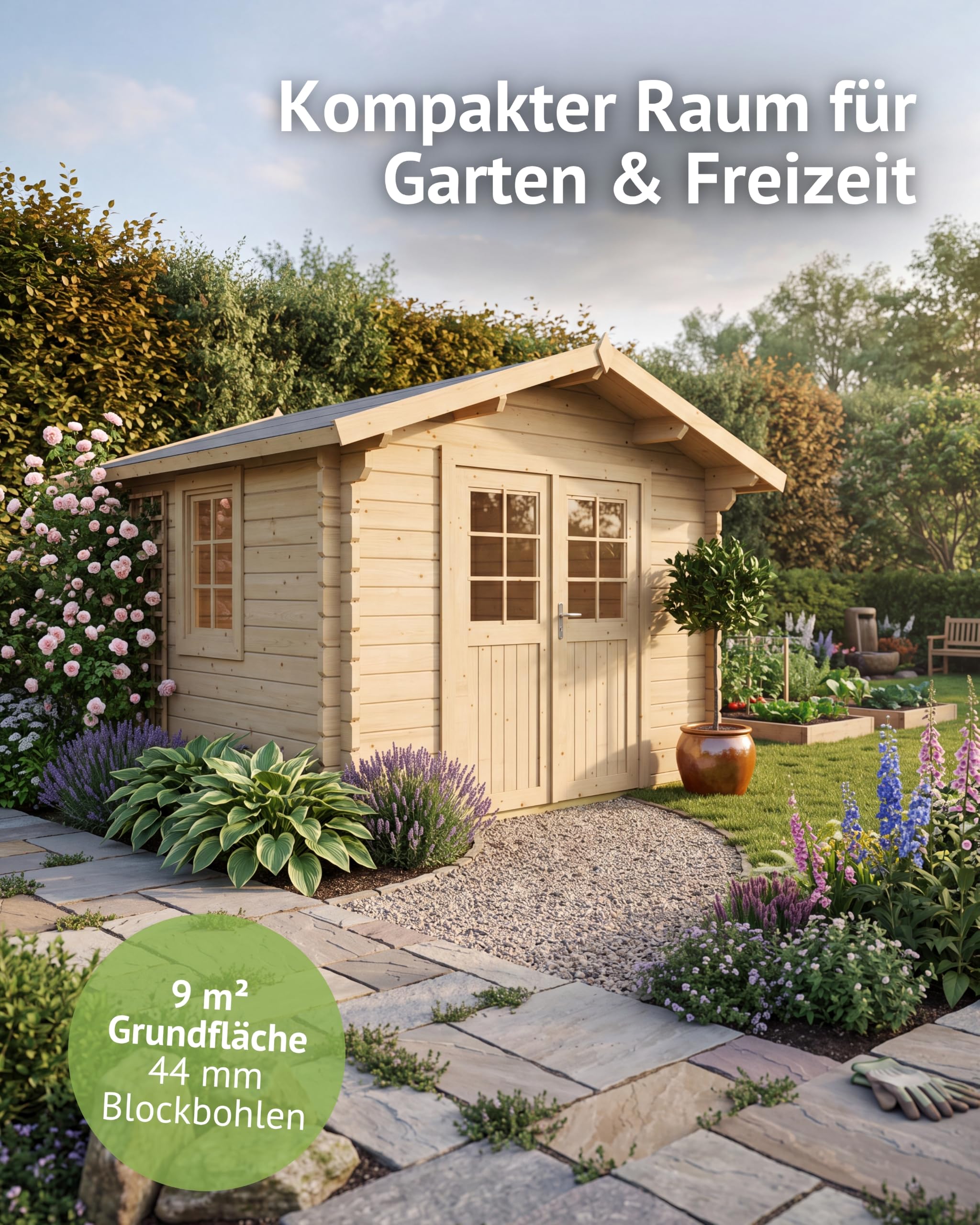Steiner Shopping Gartenhaus Wiesentraum 05 I 44 mm Blockbohlenhaus aus naturbelassenem Holz I Außenmaß 320 x 342 cm I Gartenhaus mit Satteldach, Doppeltür & Einzelfenster