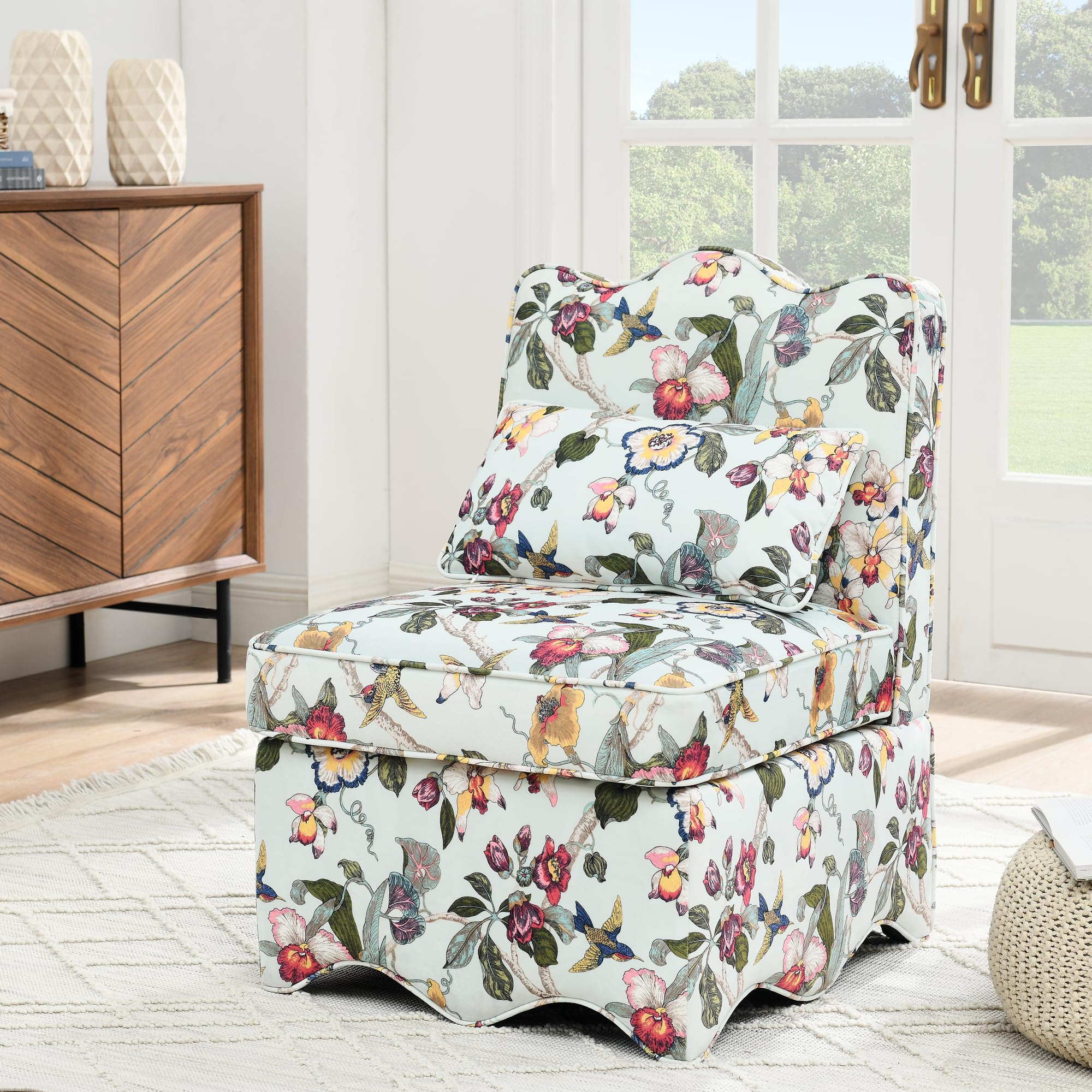 TTK Flannel Upholstered Accent Chair - Retro Single Sofa Chair with Floral Pattern, Armless Lounge Chair with Removable Cushion & Pillow, Comfortable