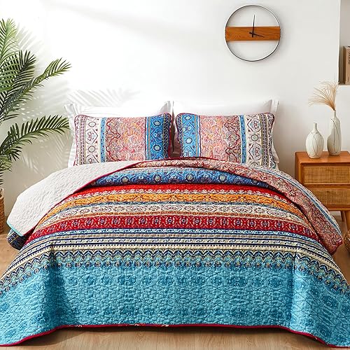 Vista 88 de WONGS BEDDING Juego de edredón bohemio tamaño Queen Aqua, juego de colcha de 3 piezas a rayas, de microfibra ligera y suave bohemia para todas