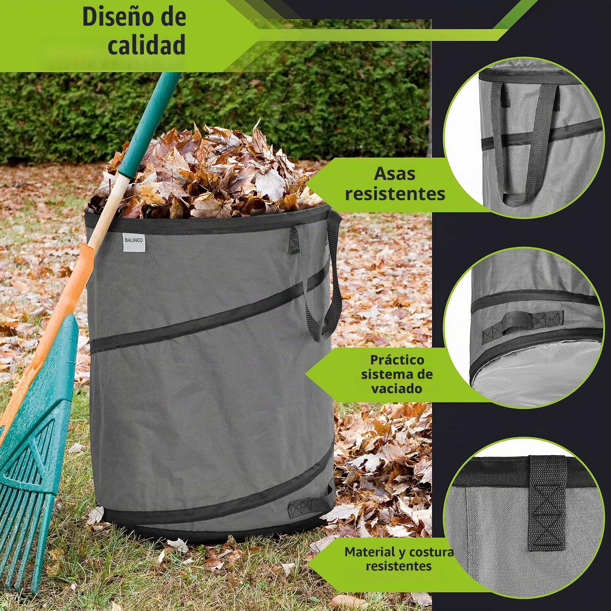 3x 170 litros saco de basura de jardín desplegable gris autoportante y estable | saco de hojas | bolsas de basura verdes plegable, grande de poliéster extremadamente robusto 220 g/m²