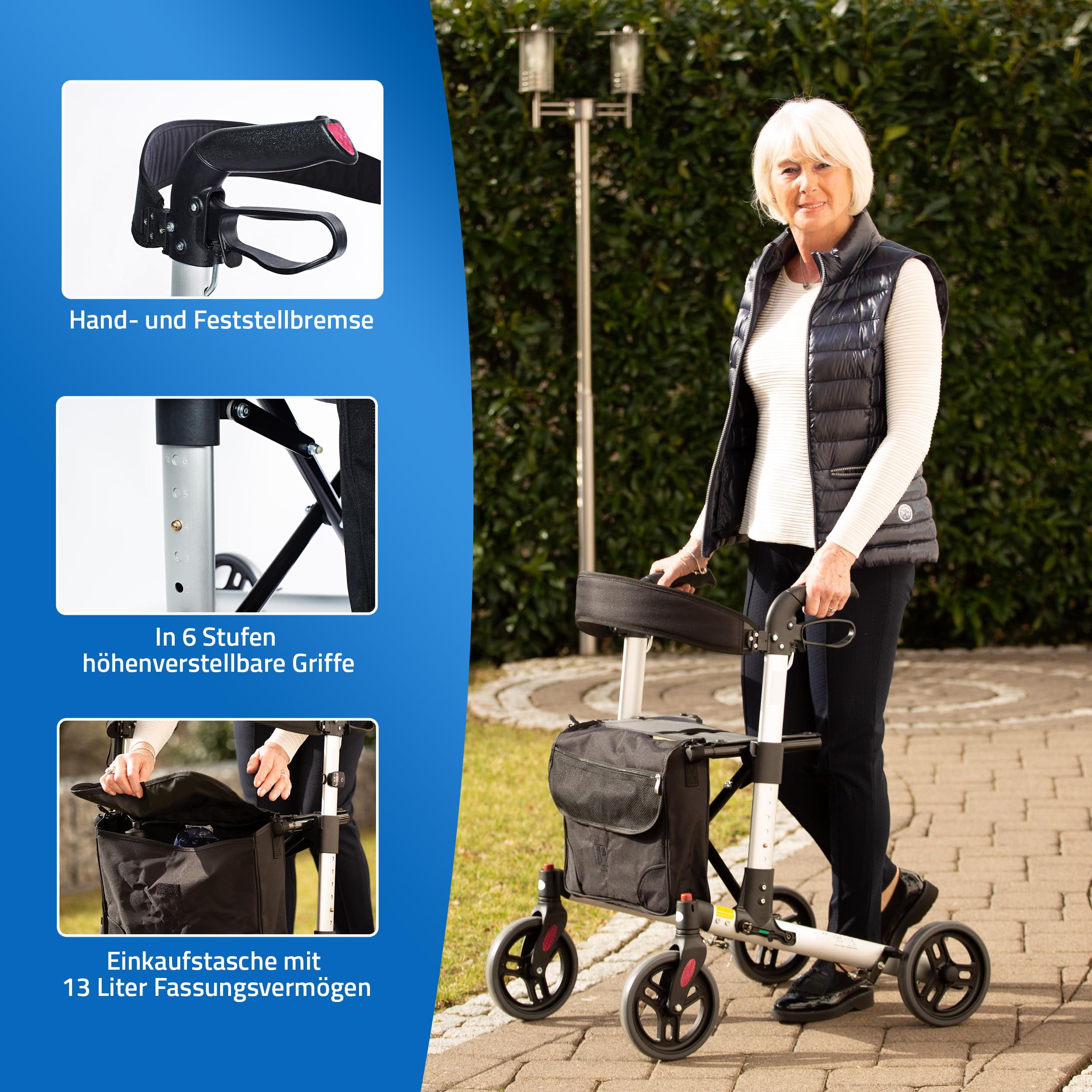 RIDDER – Rollator Mio | Faltbarer Gehwagen mit höhenverstellbaren Griffen, breitem Sitz & Rückengurt. Gehhilfe mit Abnehmbarer Einkaufstasche & Gehstockhalter | Belastbar bis 136kg