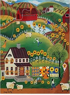 Trademark Fine Art Primitive Quilt Maker House Sunflower Sheep by Cheryl Bartley, 18x24-Inch Fine Art, Multicolor