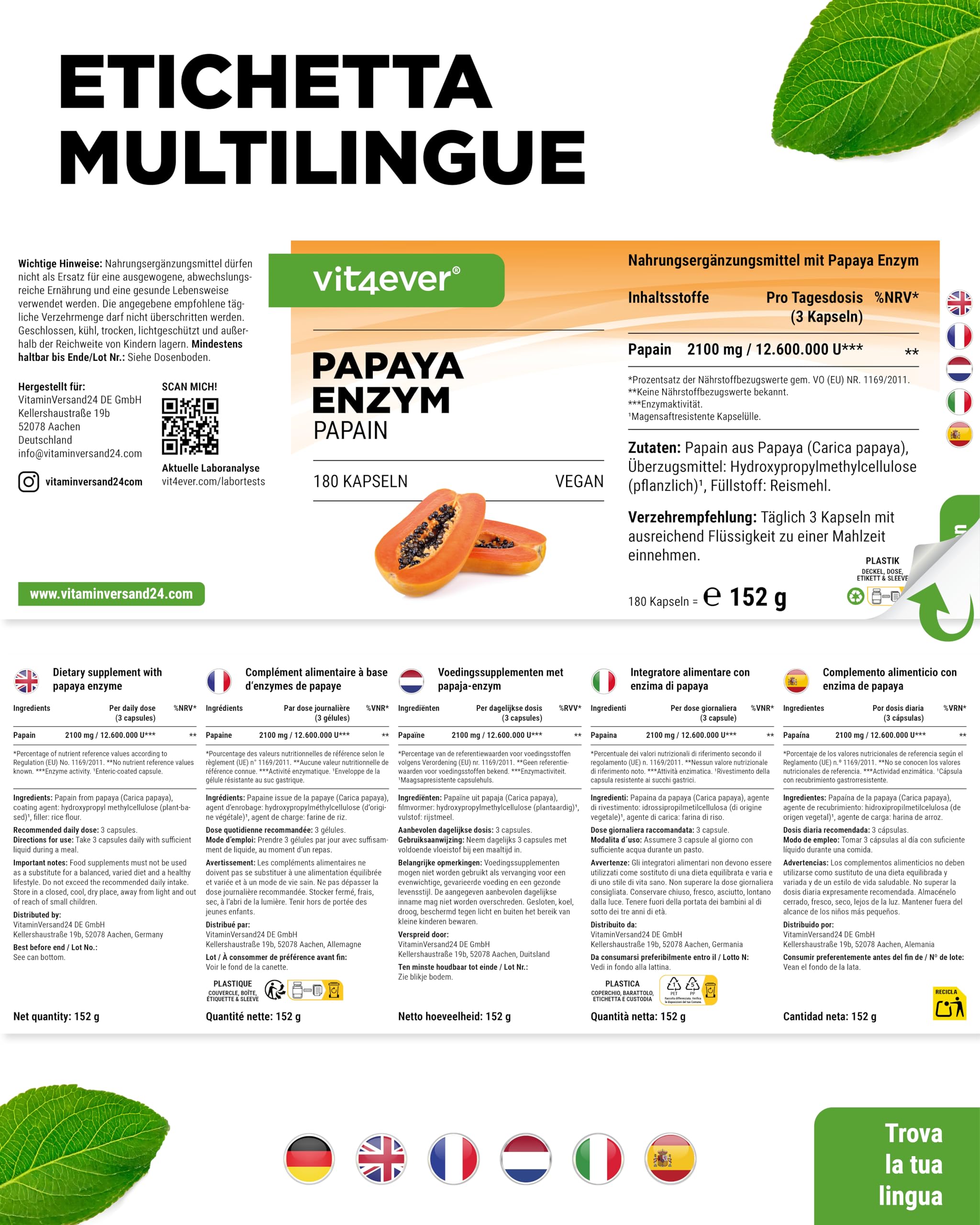 vit4ever Enzima di Papaya ad Alto Dosaggio - 2100 mg di Papaina da Papaya - 12.600.000 U di Attività Enzimatica - 180 Capsule Vegane Gastroresistenti - Senza Additivi Inutili