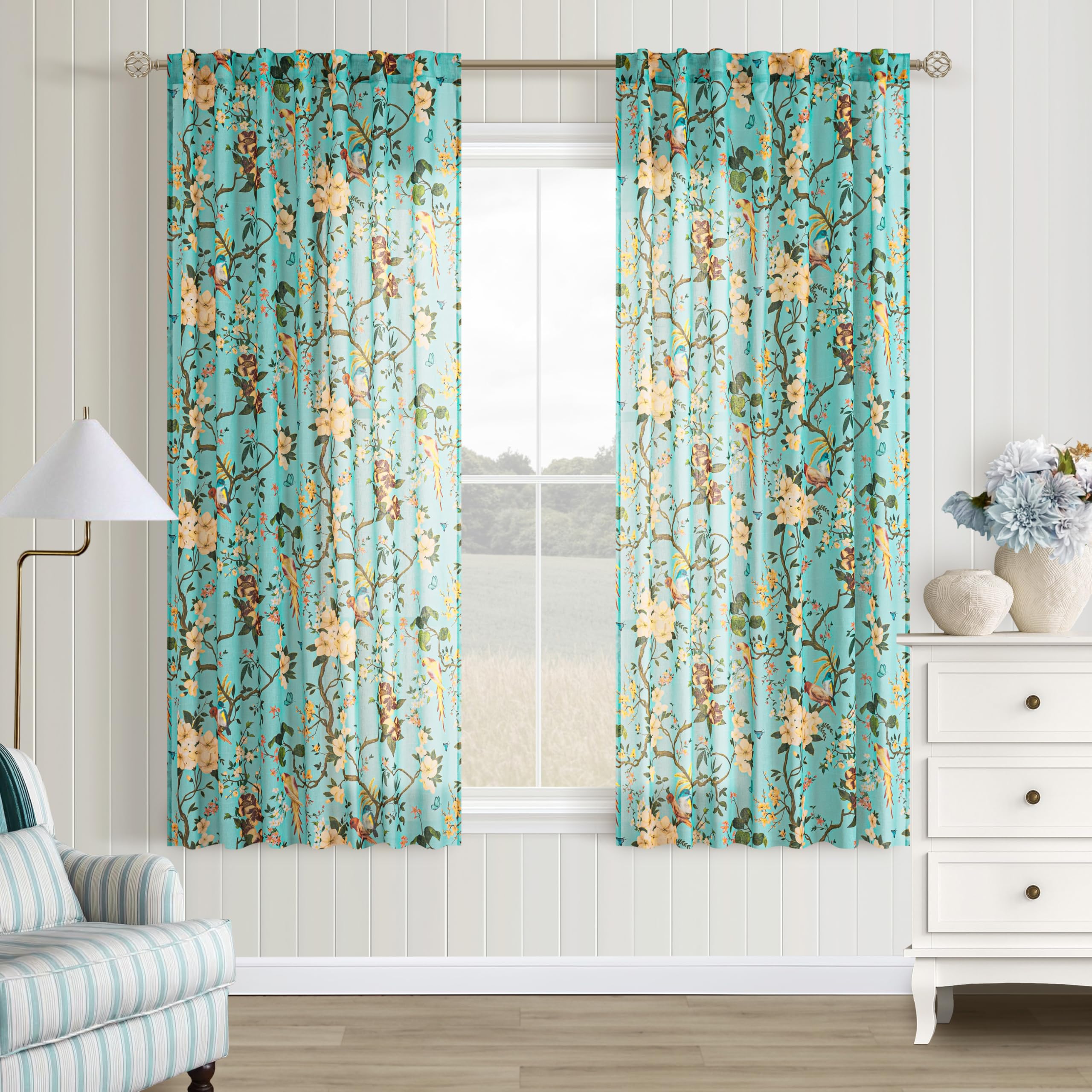 Aqua Blue Floral Linen Curtains Vintage Boho 63 Inch 2 Panels Back Tab | Leaf Flower Pattern, Bird Printed,Window Drapes, Light Filtering, Semi Sheer,for Dining Room, Bathroom, Living Room