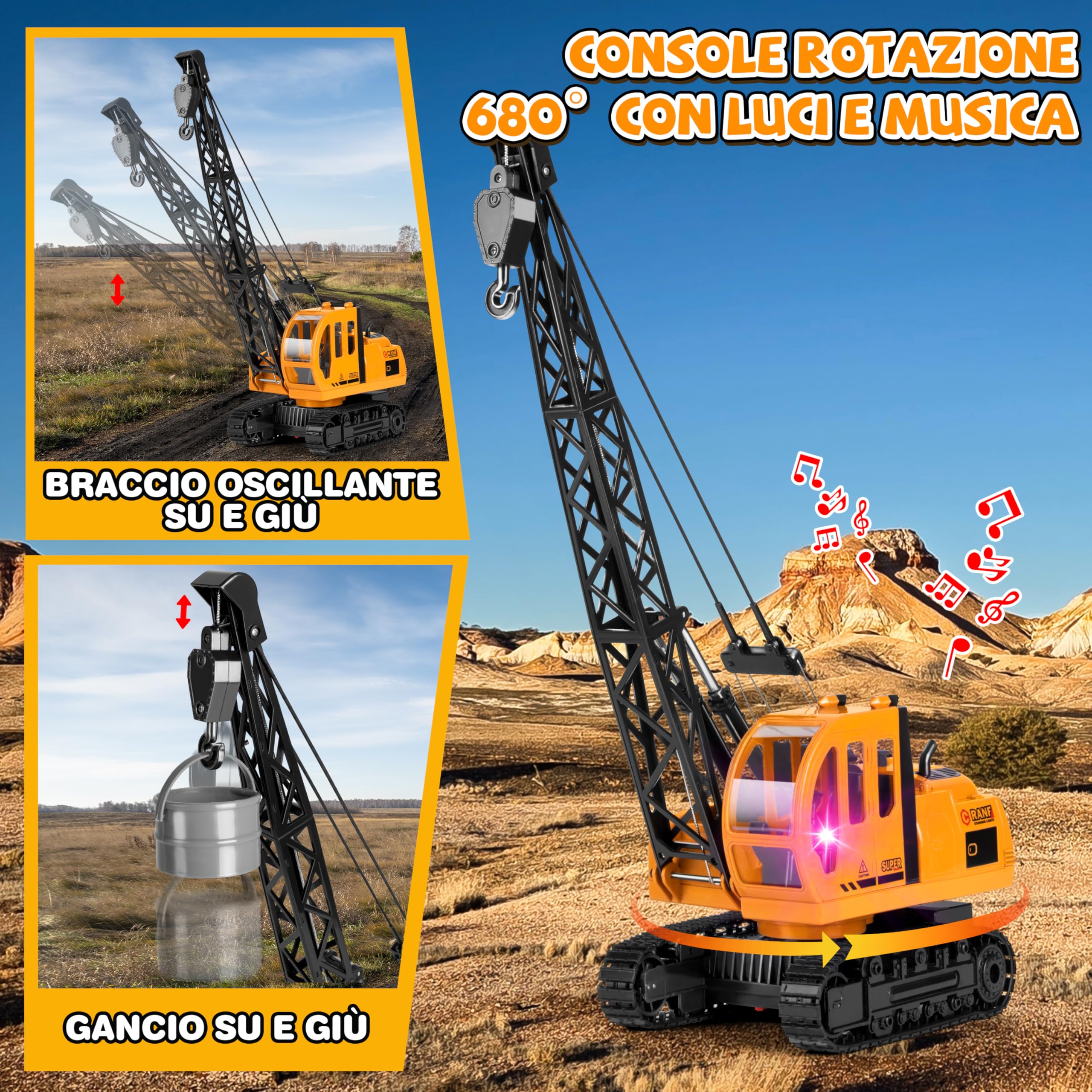 Joellfuner 1:14 Grue Gru Giocattolo per Bambinis, 2,4G Gru Telecomandata avec Lumières et Sons, Grande Grue RC con 2 Utensili, Cadeau pour Garçons de 3 à 12 Ans (Extra Grande)