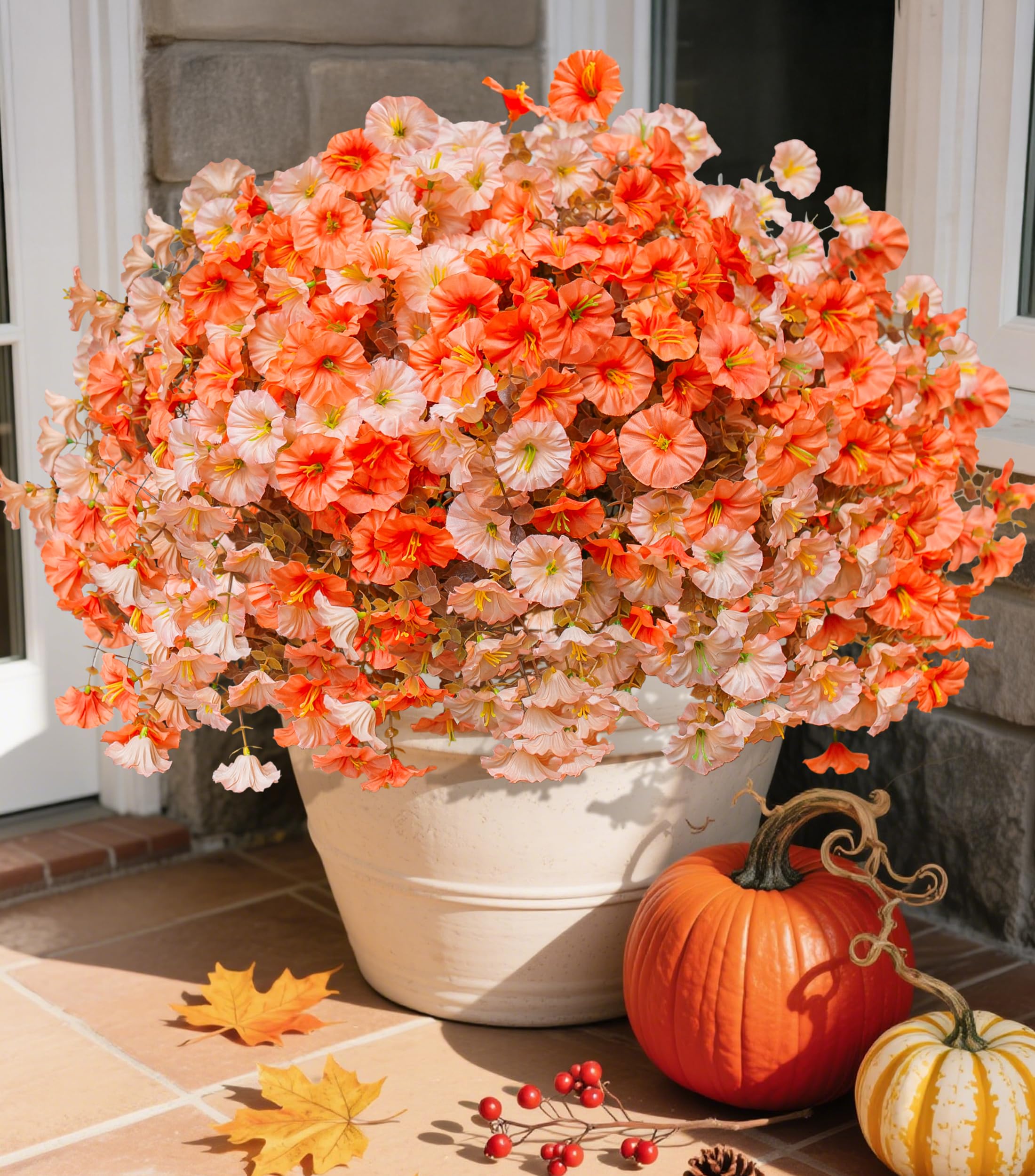 Fake Mums Fall Artificial Flowers Plants for Outdoors Autumn Decoration, 12 Bundles Silk Morning Glory with Eucalyptus Realistic UV Resistant Faux Mums for Outside Planter Yard Garden Home Indoor, Mix