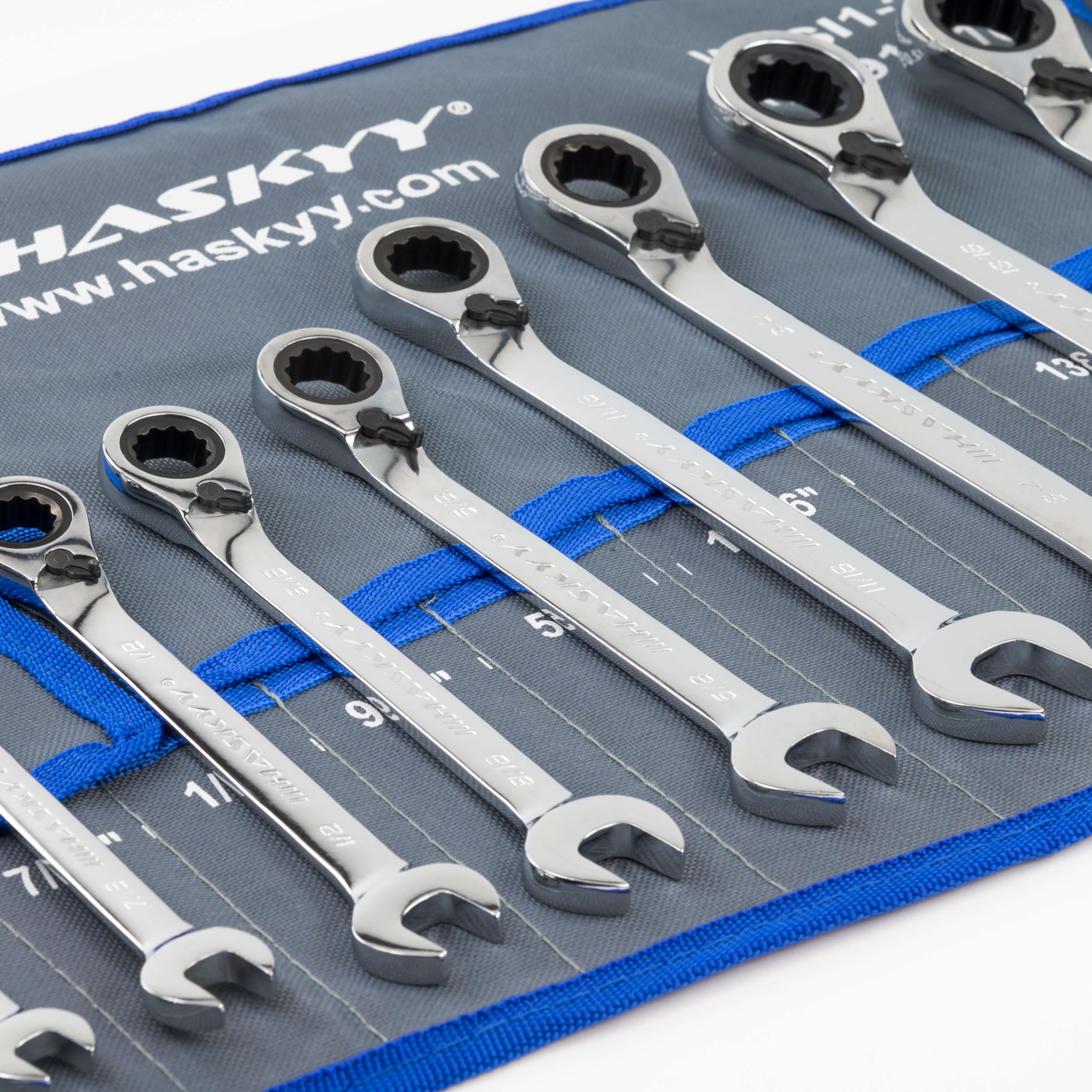 HASKYY Juego de herramientas en pulgadas - Set de vasos 24 piezas 5/32"-1.1/4" y llaves de carraca 12 piezas 1/4"-15/16" con ángulo de trabajo 15° – SAE/Inch para vehículos US