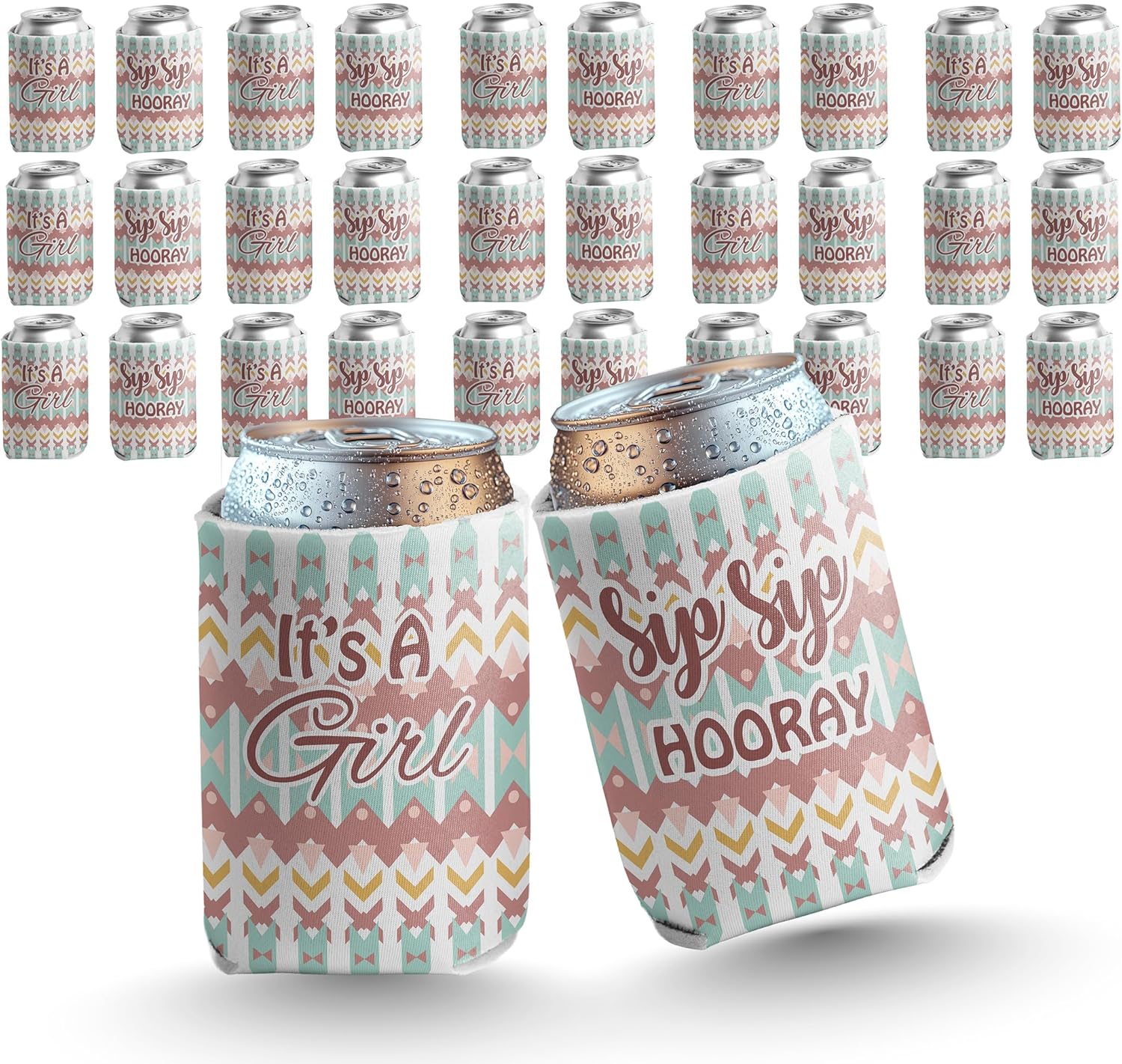 VictoryStore Boho Baby Shower Can Coolers – Sip Sip Hooray Party Favors for Boys – Blue Drink Sleeves – Baby Shower Decorations for 12 oz Cans – Foam Insulated & Reusable