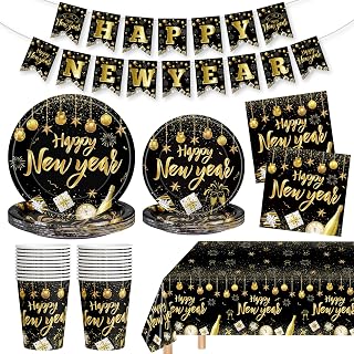 82 Pcs New Years Eve Party Supplies 2026 Set - Black Gold Happy New Year Decorations Kit, Including New Year Plates Napkins Cups Tablecloth and Banner for 2026 Happy New Years Party Decor Supply Favor