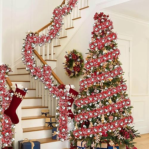 Miniatura 5 de Guirnalda de oropel de Navidad de 50 pies con muñeco de nieve, bastón de caramelo, rojo metálico, guirnaldas de Navidad para decoración de árbol,