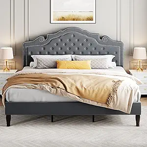 SHA CERLIN King Size Platfrom Bed Frame with Adjustable Headboard/Velvet Upholstered Diamond Button Tufted and Metal Studs/No Box Spring Needed/Easy Assembly/Woodenen Slat Support/Light Grey