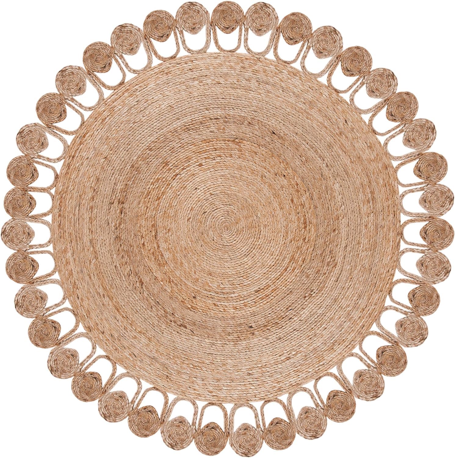 Runder handgefertigter Boho-Jute-Teppich aus Naturfaser, beige, wendbarer Bodenteppich– (7x7 Quadratfuß)
