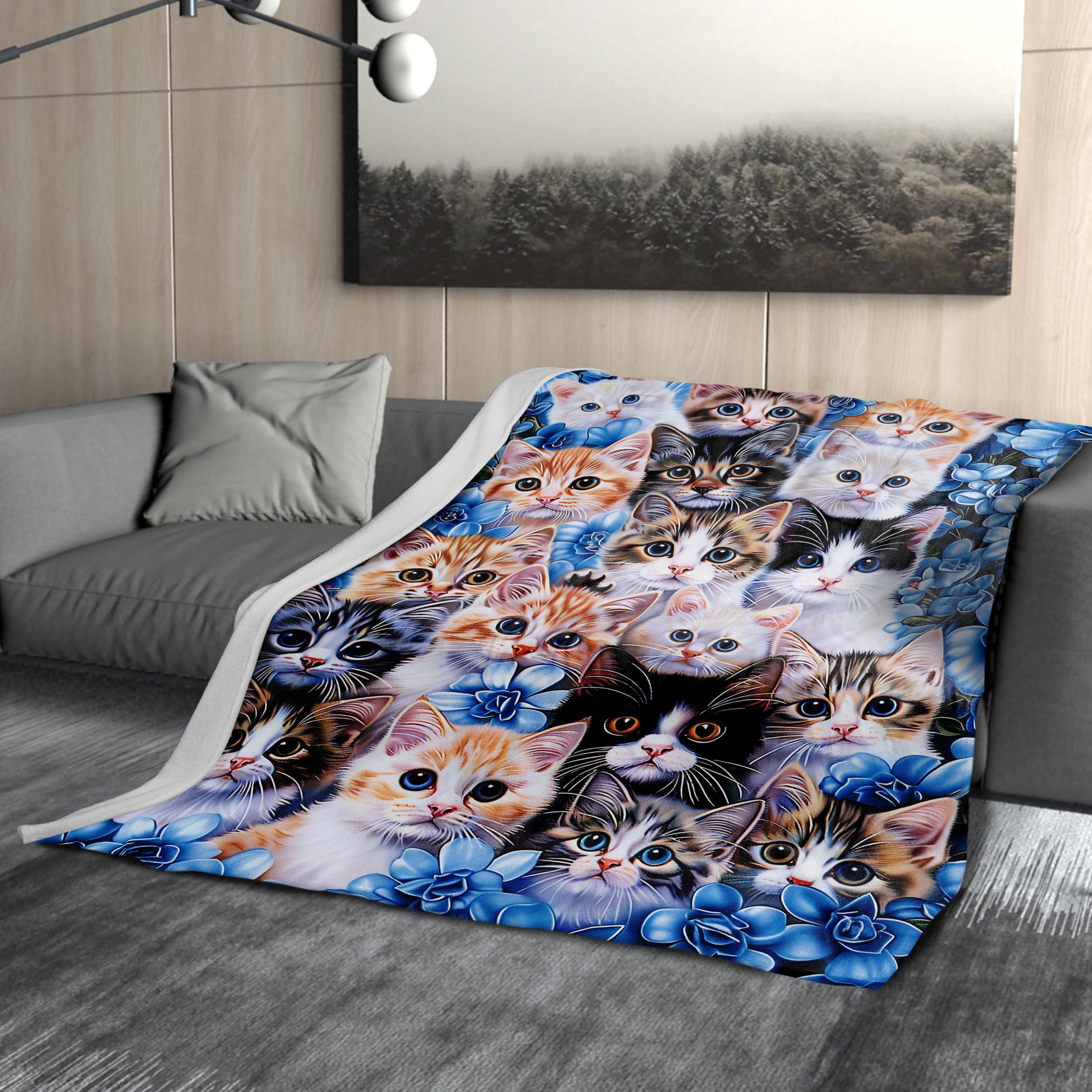 Cats Blanket Soft Flannel Lightweight Kitten cat Animals Blue Flowers Throw Blanket Cozy Warm Blankets All Seasons Living Room Decor for Kids Adults Cat Lovers Use On Sofa Bed Office 50x60 inch