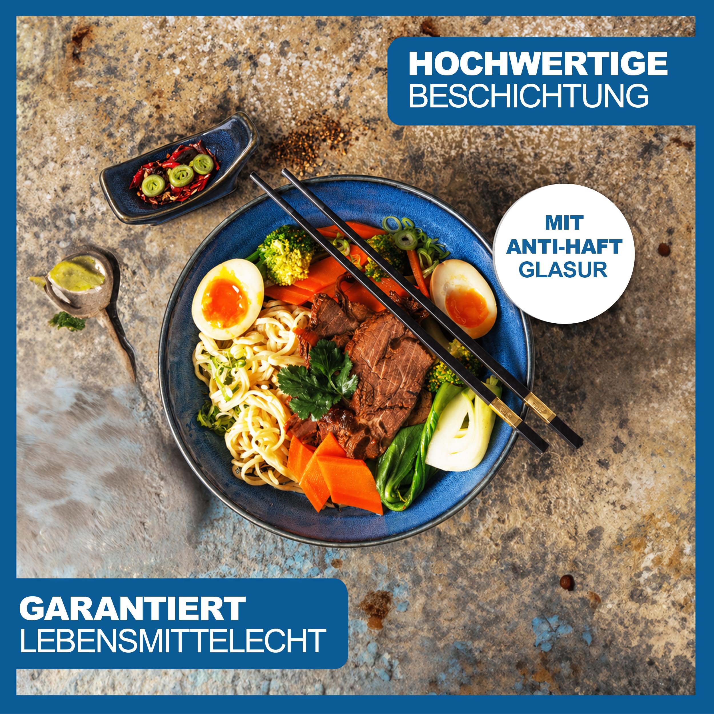 Premium Ramen Schüssel 8-teiliges Set im JAPANISCHEN DESIGN - Keramik Ramen & Suppen Bowl inkl. Essstäbchen & Löffel - Geschirr & Schale asiatisch für Pho-Suppe, Müsli & Salat