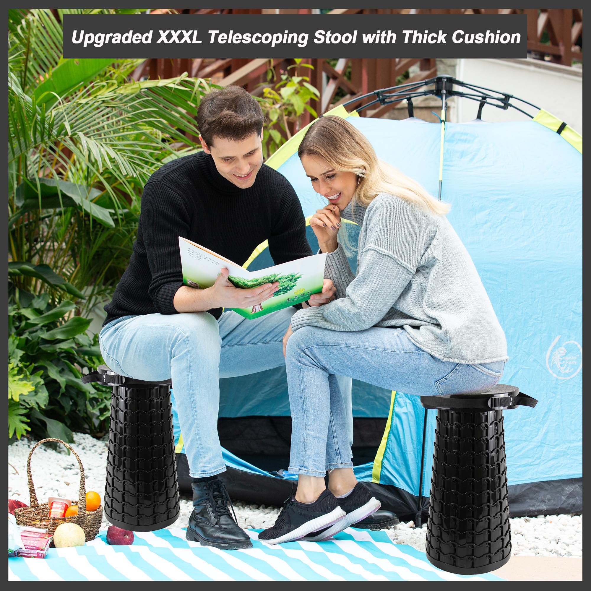ALEVMOOM 2026 Verbesserter XXL-Klapphocker mit Kissen und Tasche, höherer 59 cm Tragbarer Teleskophocker, maximale Belastbarkeit 450 kg, einziehbarer Klapphocker für Camping und Reisen