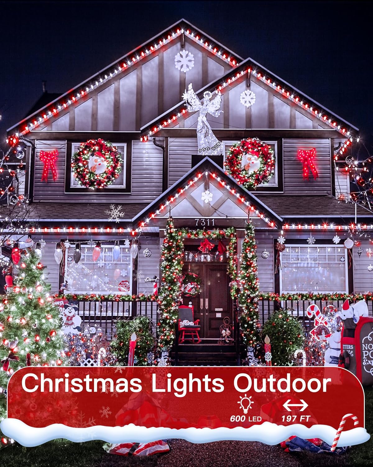 196FT 600 LED Christmas Lights Outdoor Waterproof, Timer & Memory Function, 8 Modes Red White String Lights Plug in Twinkle Lights for Xmas Tree Holiday Garden Indoor Party Decor