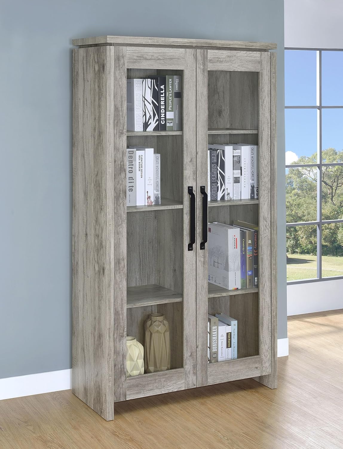Coaster Home Furnishings - Alejo - 2-Door Engineered Wood Tall Accent Cabinet with Glass Doors, Eight Compartments, Coastal Style - Living Room, Entryway & Home Kitchen - Gray Driftwood - 950783
