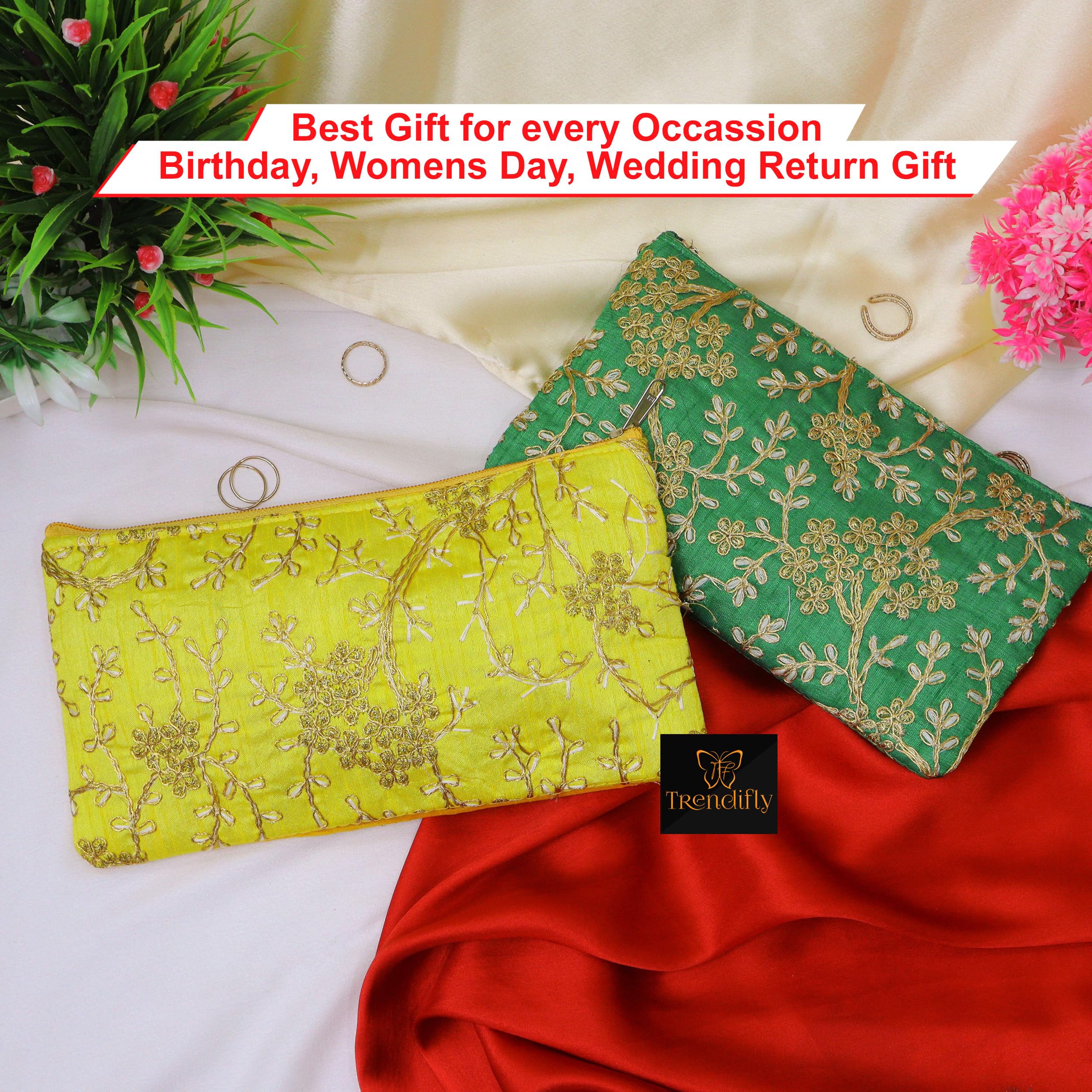 Trendifly Pack of 15 Embroidery Wedding Return Gift Purses Women Girls | Gifting Pouches for Guests Bulk with Zipper | Ladies Clutches for Wedding Baby Shower Haldi Mehandi 1