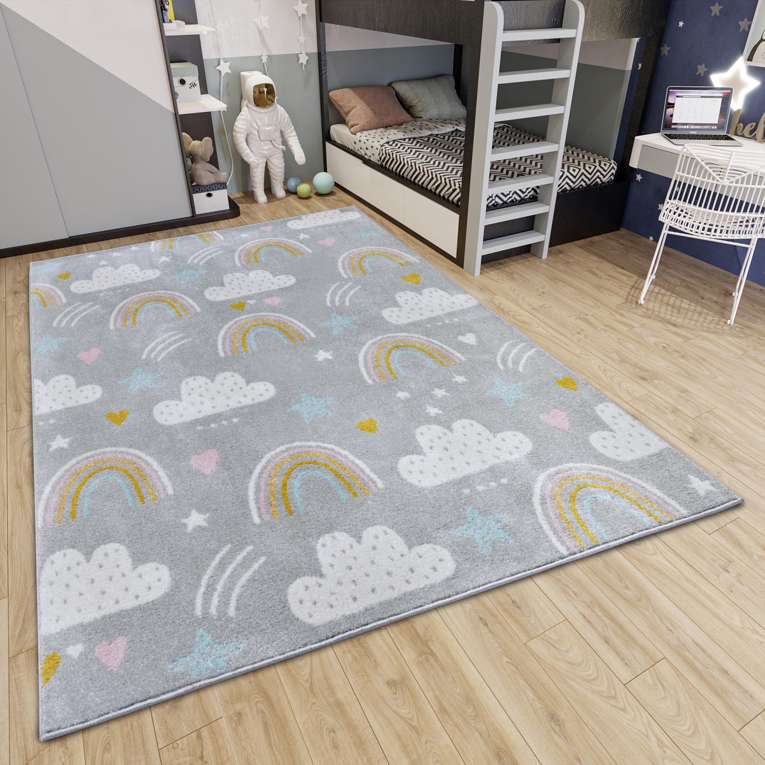 Hanse Home Adventures - Alfombra Infantil con diseño de Nubes y arcoíris, para habitación Infantil, Sala de Juegos, habitación Juvenil, salón, Color Gris, 120 x 170 cm