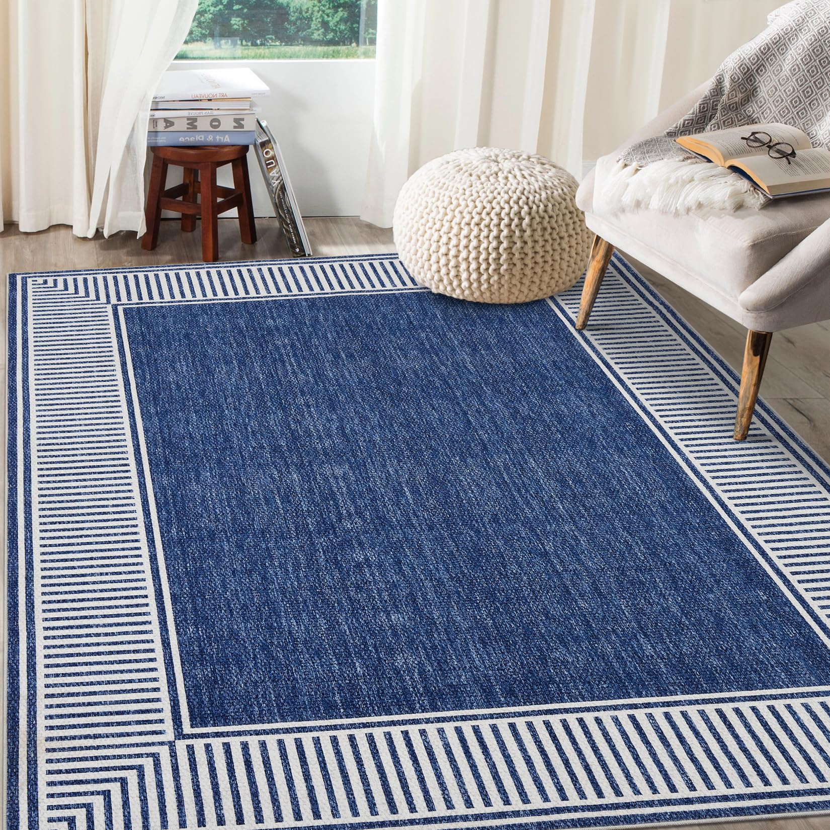 GarveeHome Washable Rug 5x7 for Bedroom Large Living Room Rug with Rubber Backing Casual Striped Border Throw Carpet Modern Contemporary Area Rug for
