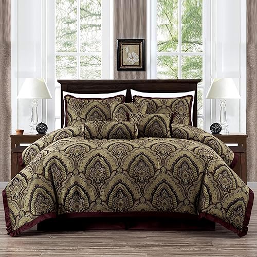 Miniatura 2 de Chezmoi Collection Pierre - Juego de edredón tamaño California King, juego de ropa de cama jacquard de 7 piezas, color borgoña, negro, dorado,