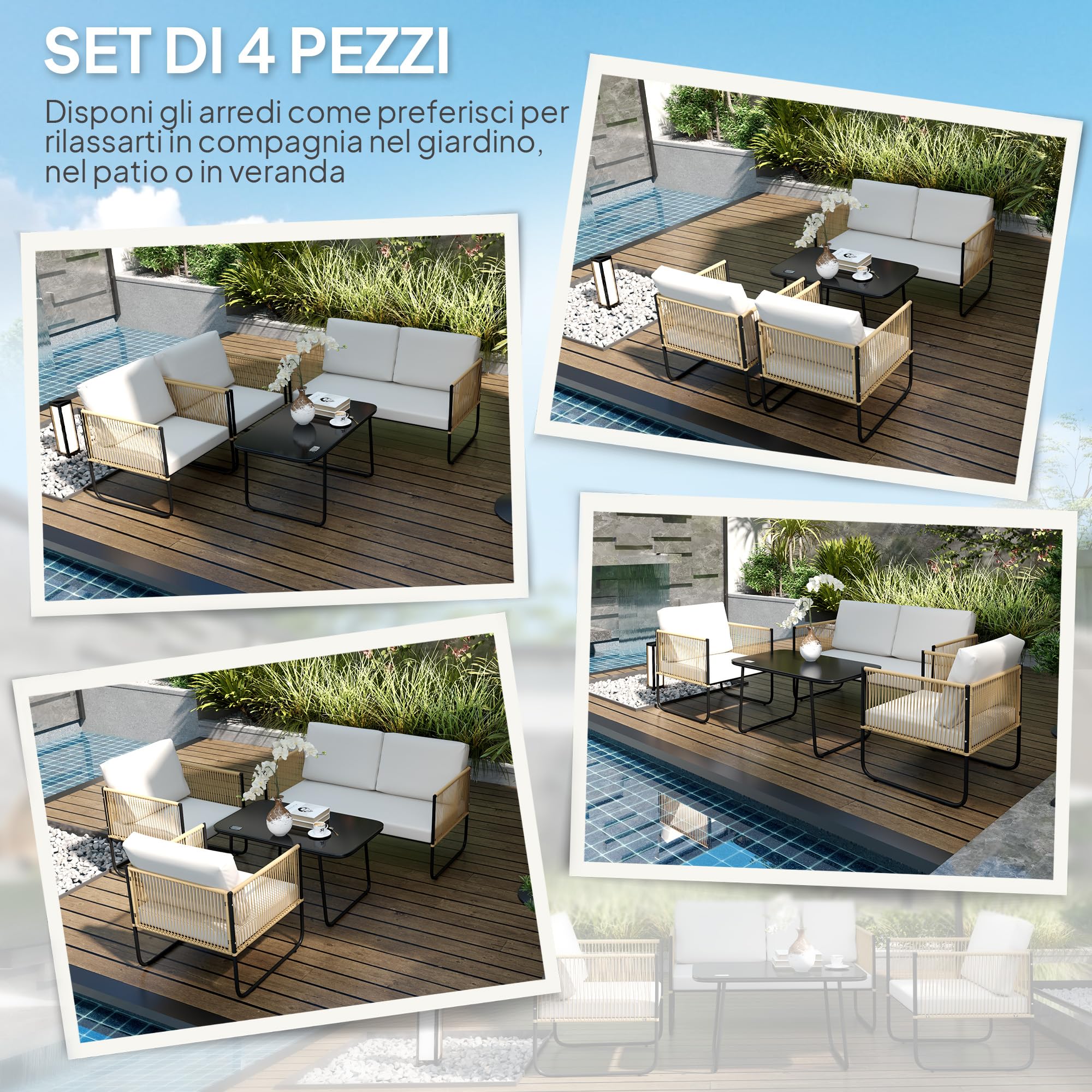 Outsunny Set di Mobili da Giardino in Rattan 4 Pezzi Color Legno e Crema | Salotto da Esterno, Divano a 2 Posti, 2 Poltrone, Tavolino Basso Rettangolare, Cuscini Lavabili, in Acciaio