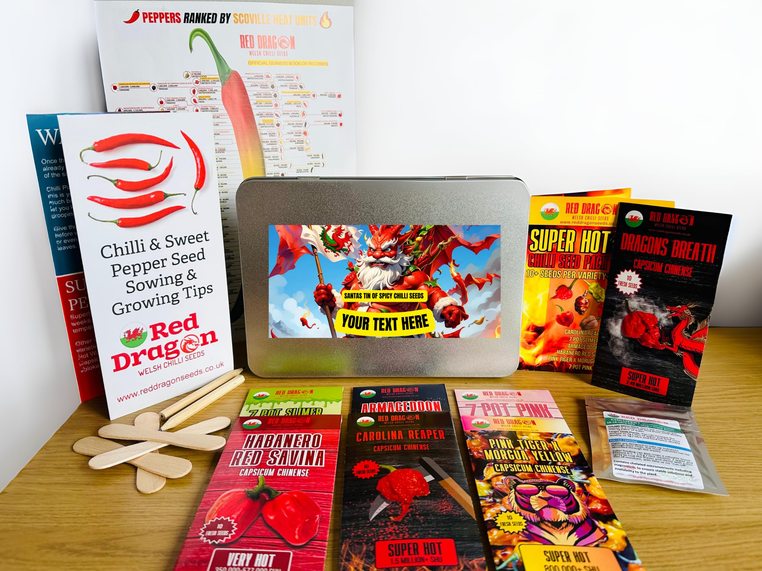 Santa’s Tin of Spicy Chilli Seeds – 7 Super-Hot Pepper Varieties – Over 70 Seeds Including Carolina Reaper & Dragon’s Breath – Custom Personalised Label Gift
