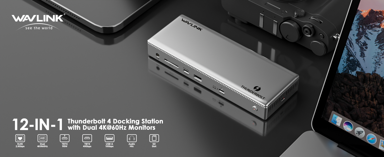 Thunderbolt 4 Dock, WAVLINK Thunderbolt 4 Docking Station with Quad 4K@60Hz Monitors, Four Thunderbolt4 ports, 98W PD, 2.5G RJ45 Ethernet, SD V4.0, 10Gbps USB3.1, for MacBook Pro/Air etc