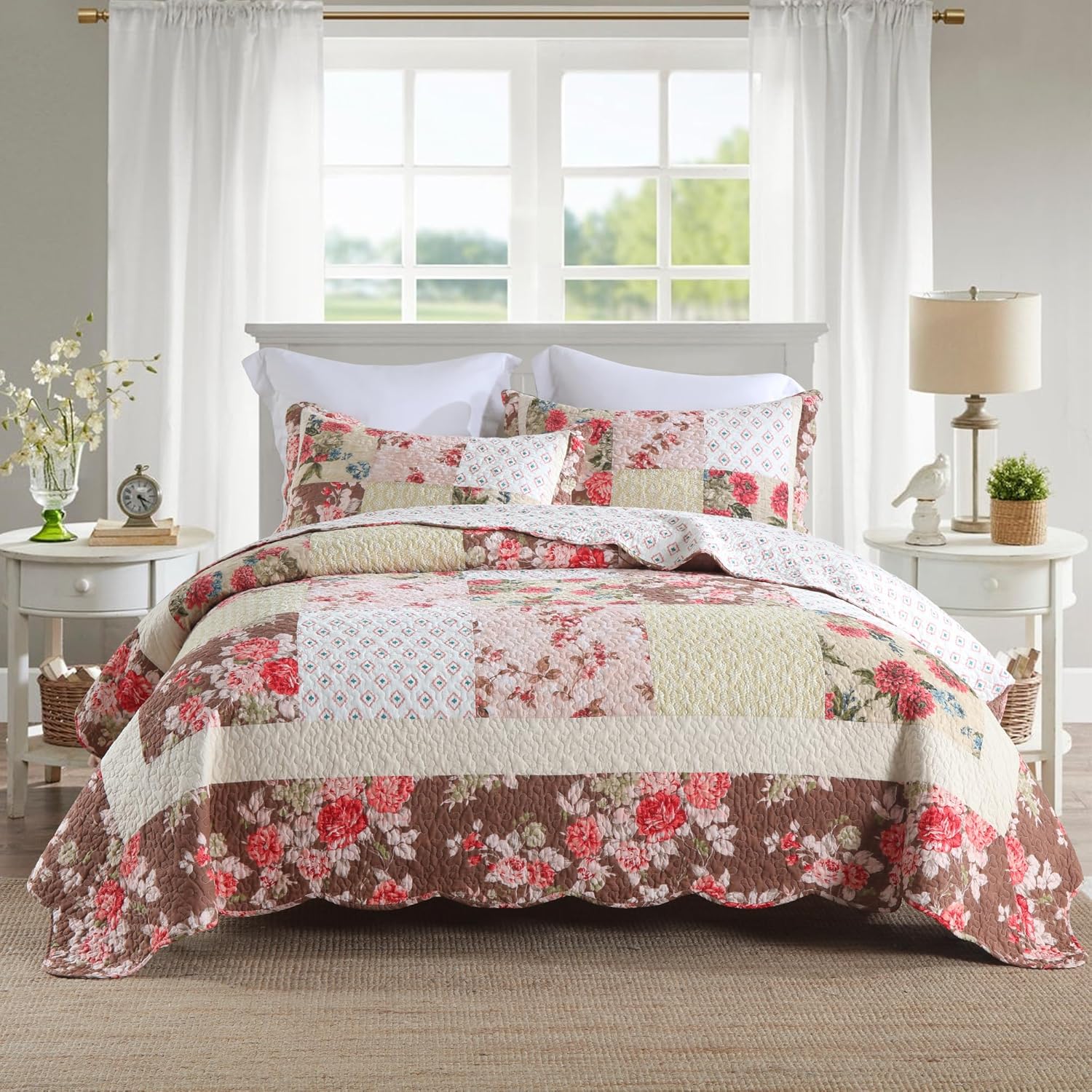 NEWLAKE Cotton Patchwork Bedspread, 3Piece Bedding Quilt
