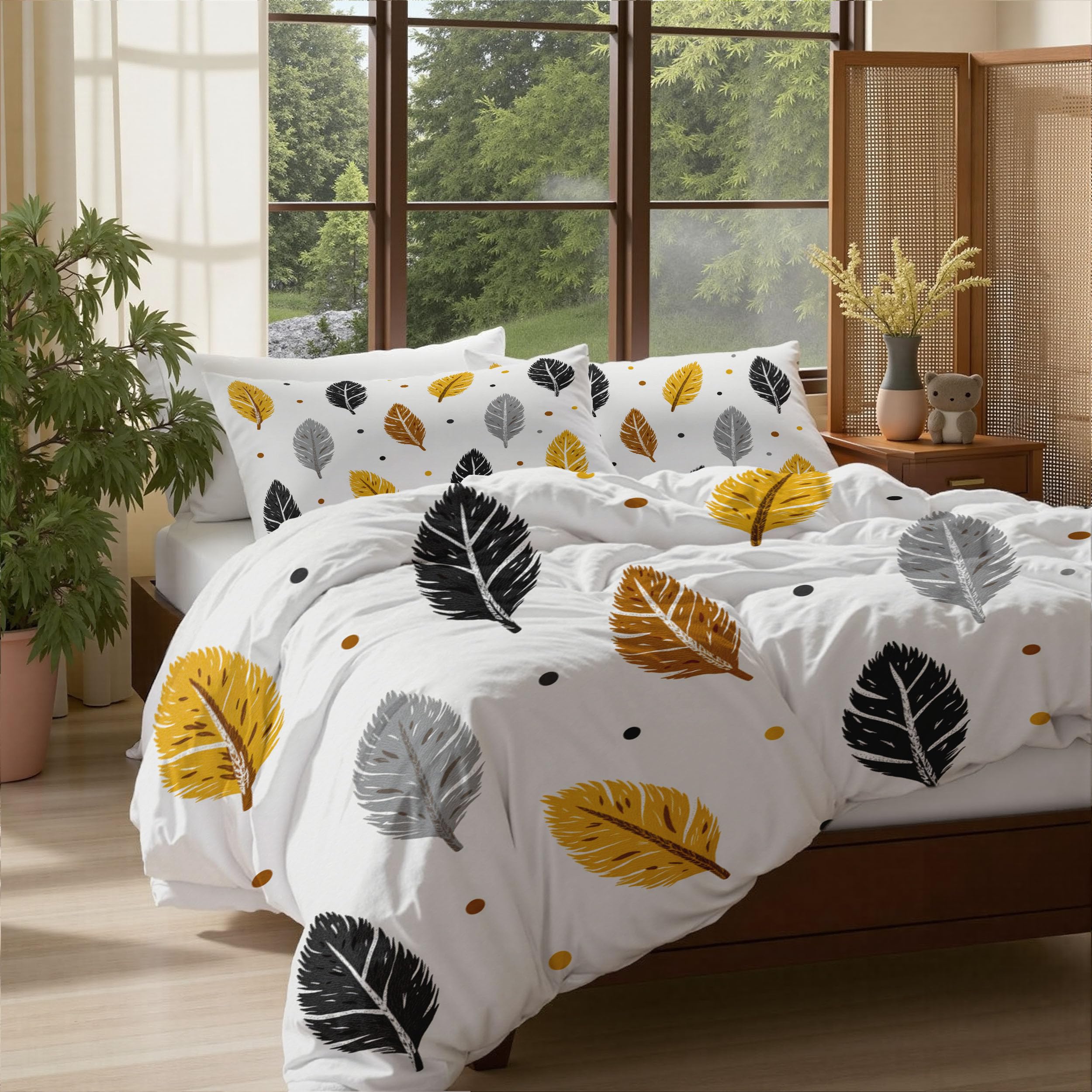 Housse de couette 140x200cm adulte jaune moutarde grise 3D microfibre