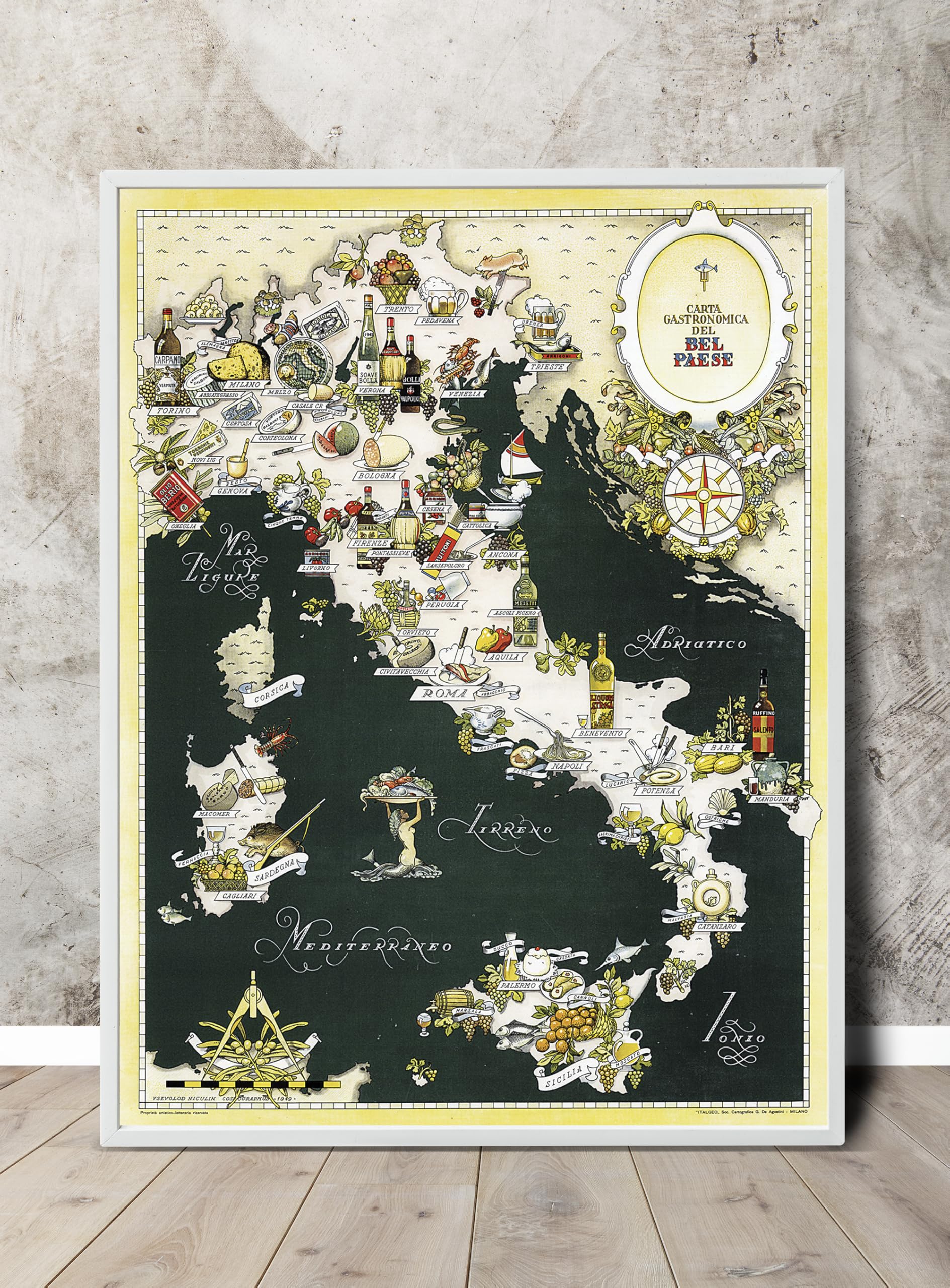 Italian Gourmet Food Map - Carta Gastronomica - Vintage Map of Italy Regions Cuisine - Kitchen Restaurant Decor - Unframed Wall Art Poster (23"x30")
