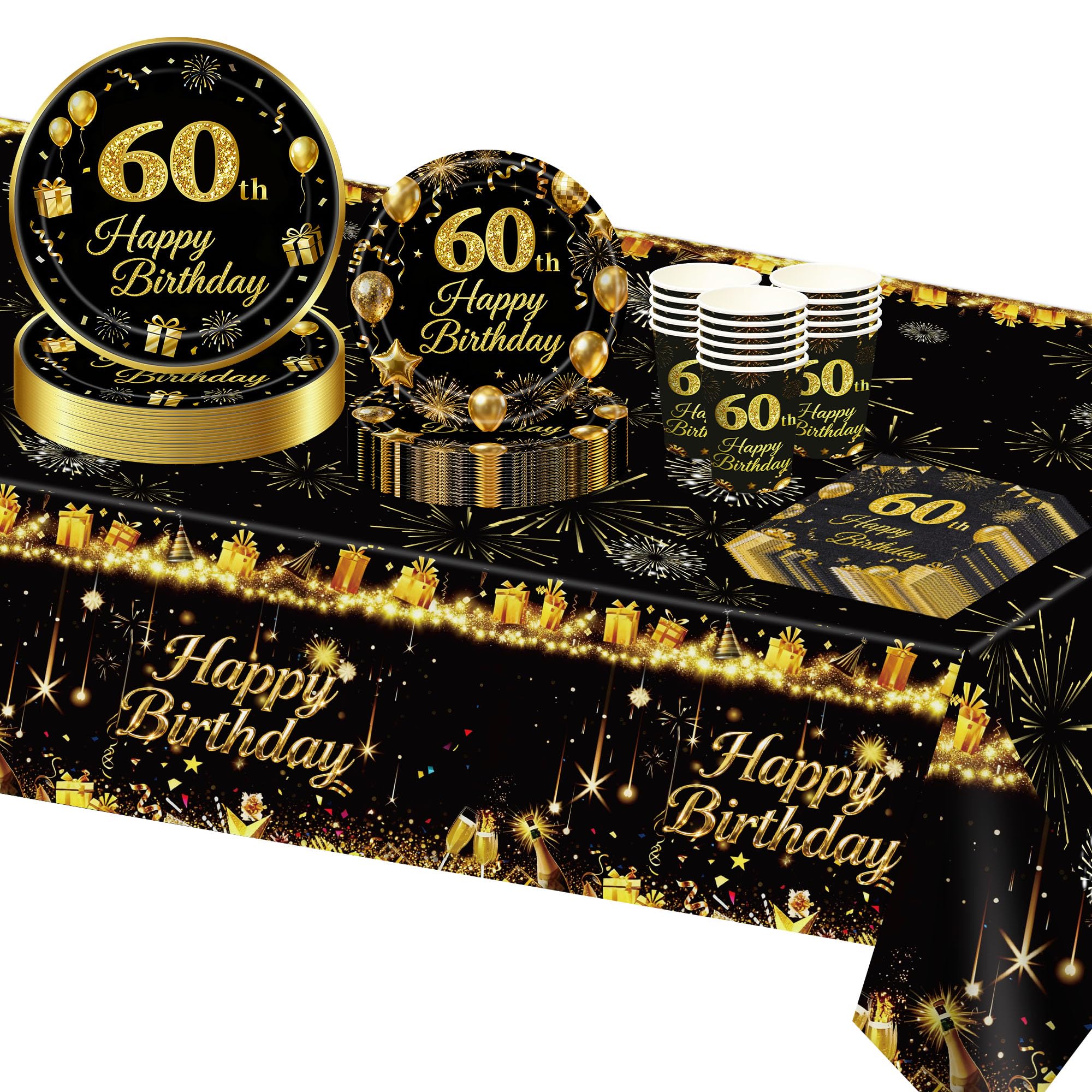 TOPWAYS 60th Birthday Table Decorations Tableware, Black Gold Paper 60th Birthday Plates Cups Napkins Decoration for Women Men 60 Birthdays Party 16 Guests (60thBirthday)