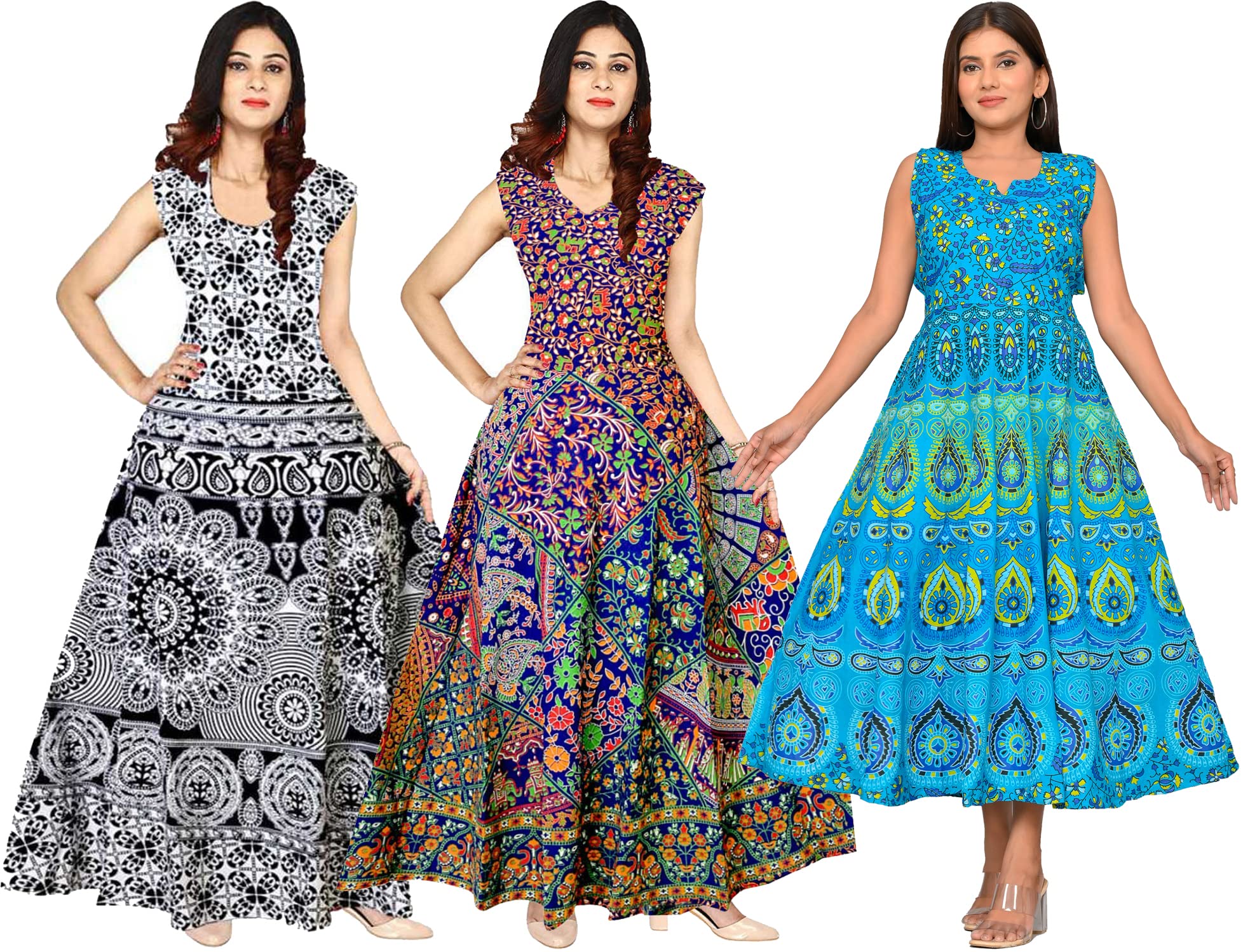 Women's Jaipuri Floral Print Cotton Maxi Long Dresses (Multicolour, Free Size) Combo Pack of 3 Pieces