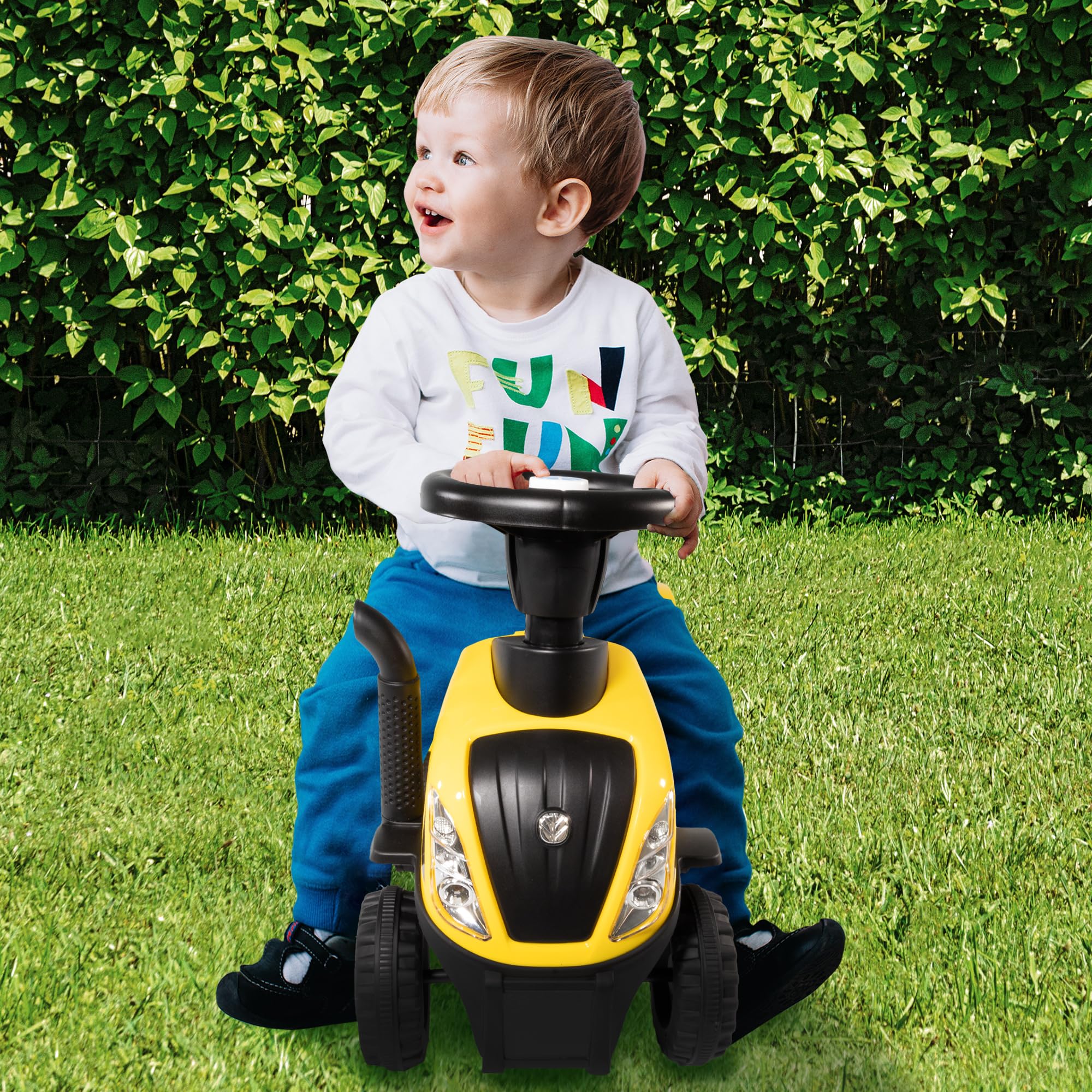 Lemodo Rutschauto Traktor New Holland ab 1 Jahr | Kinderauto mit Anhänger | Rutschfahrzeug mit Schaufel und Rechen | Kinderfahrzeug in gelb | Rutscher mit Sound, Licht | Lizenziertes Kinderspielzeug