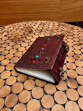 Leather Book of Shadows Journal, Supernatural Notebook with Chakra Gem Stones Healing Crystals and Latch, by AzureGreen (Brown Double Lock)
