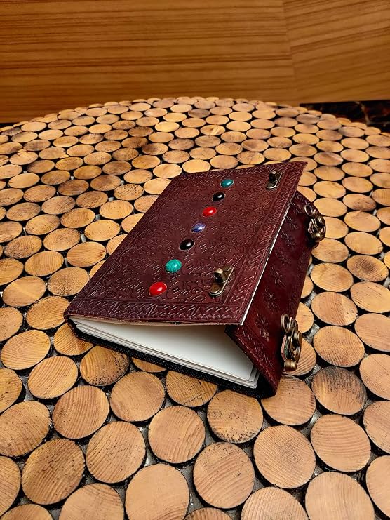 Leather Book of Shadows Journal, Supernatural Notebook with Chakra Gem Stones Healing Crystals and Latch, by AzureGreen (Brown Double Lock)