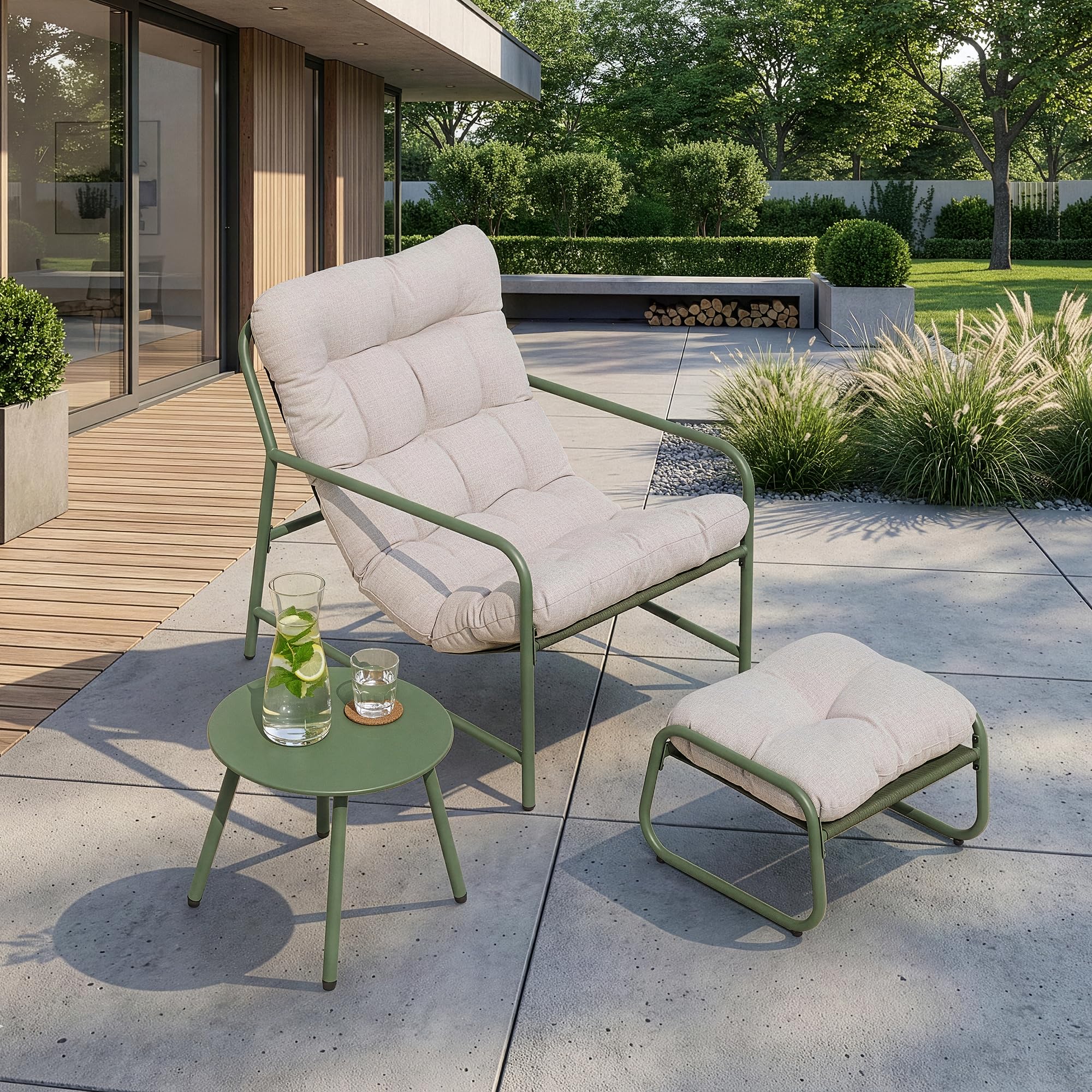 [en.casa] Set di 3 Mobili da Giardino Verde Chiaro/Grigio | Tavolino Rotondo, Poltrona e Poggiapiedi, Con Cuscini Imbottiti, per Balcone Terrazzo Veranda Outdoor, Telaio in Acciaio